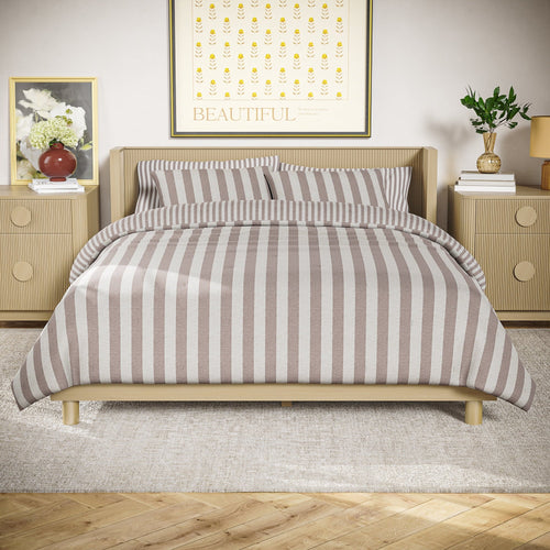 All-Season 100% Cotton Striped 3-Piece Natural Comforter Set, Full/Queen - Hypoallergenic Ultra-Fluffy Quilt for Winter - Default Title
