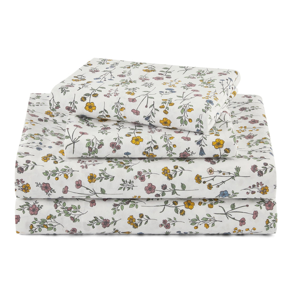 Cooling Sateen Botanical 4-Piece 100% Cotton Washed Percale White Sheet Set, Queen - Luxury Bed Sheet Set with Deep Pockets - Default Title