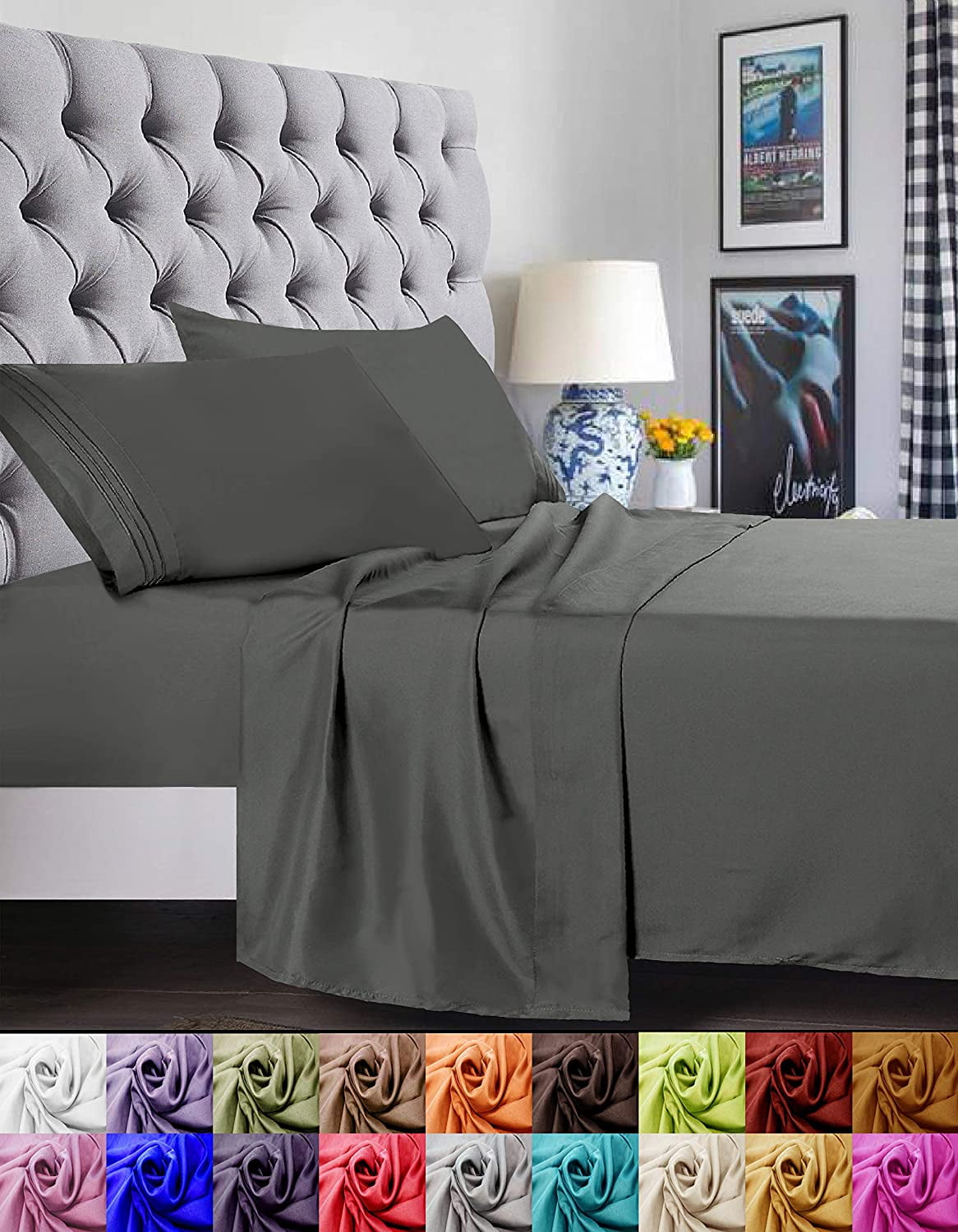 Ultra-Soft 4 Pieces Bed Sheet set Flat,Fitted,Pillowcase , Queen Grey - Breathable Egyptian Cotton Flat & Fitted Sheets - Default Title