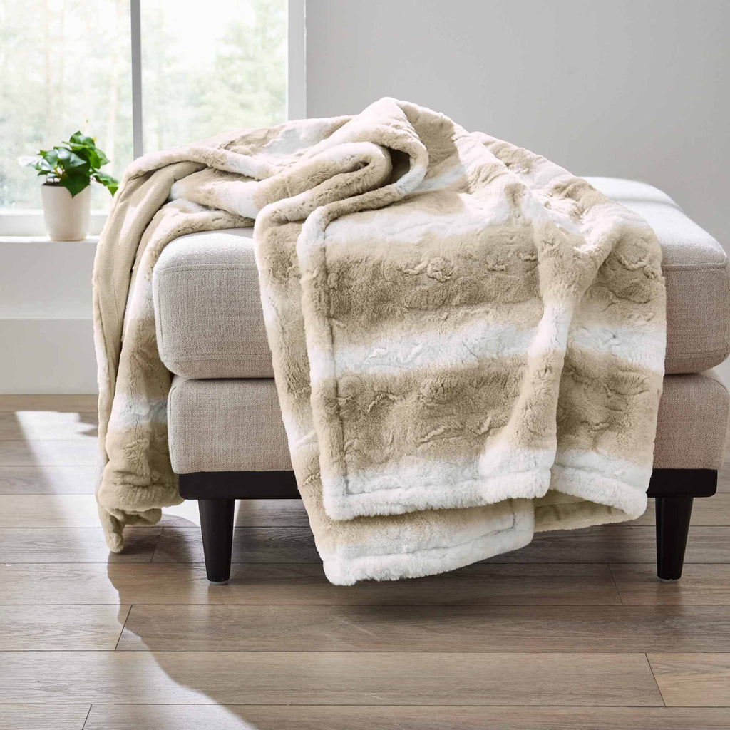 Super Soft Flannel Almond Biscuit Ombre Faux Fur Throw, 50"x72" - Super Soft Reversible Sherpa Flannel Blanket - Default Title