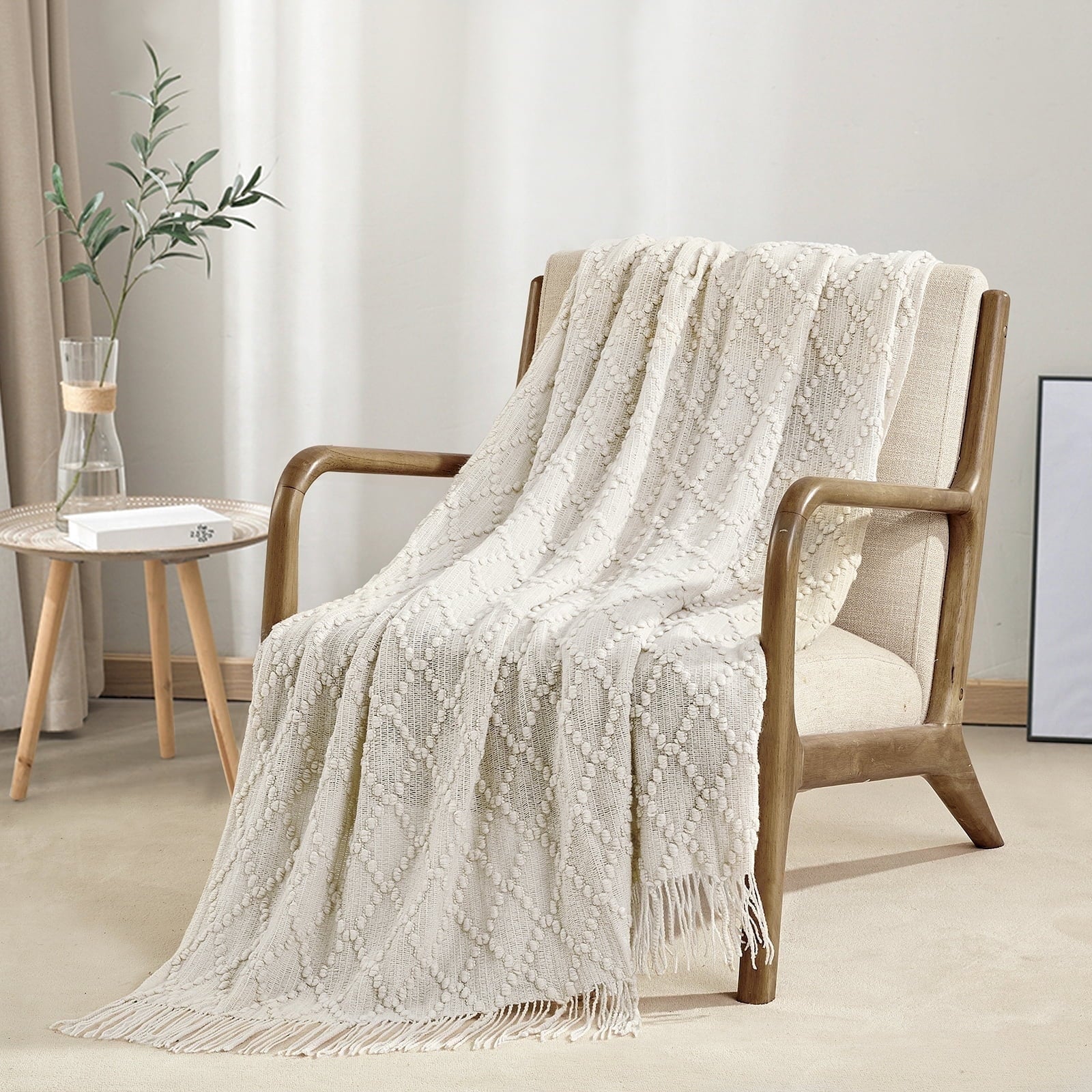 Lightweight Warm Texture Pure Color Soft Throw Blanket and Sofa Or Bed Knitted Decorative Blanket 50 x70 inches Jacquard Diamond Beige... - Luxury Knitted Decorative Throw Blanket with Fringes - Default Title