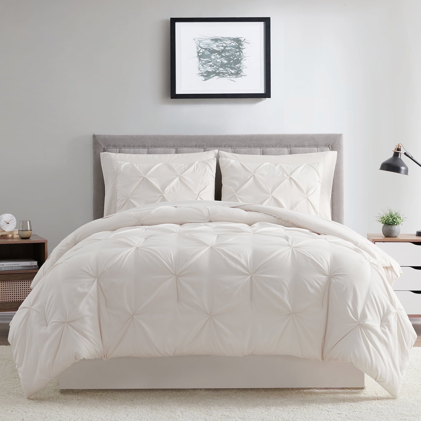 All-Season Comforter Set, 3-Piece, Queen, Pleated Wrinkle-Resistant Microfiber Bedding, Ivory, All-Season - Luxurious Quilted Duvet Cover Set - Default Title