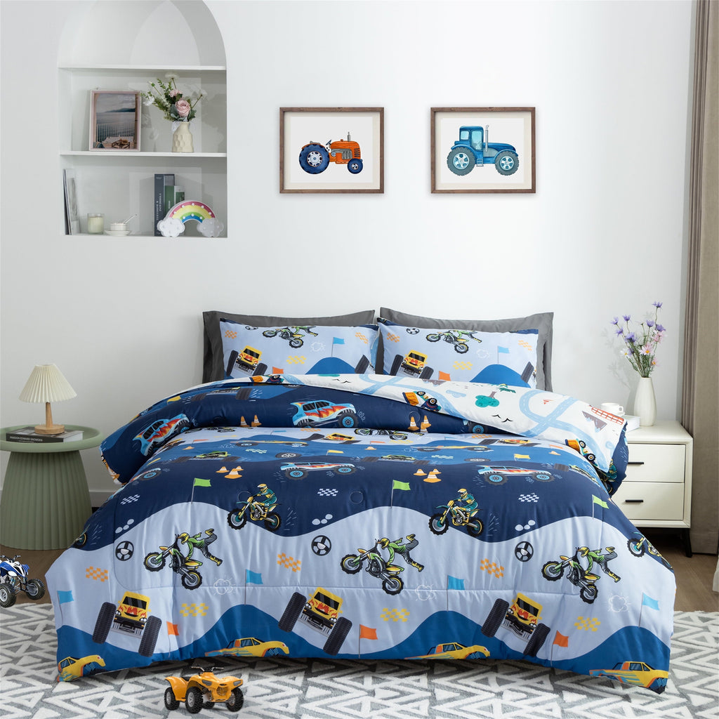 Hypoallergenic Cloud 3Pcs Reversible Construction Truck Twin Comforter Set for Boys Kids Excavator Vehicle Motorcycle Bedding Set Blue - Cloud-Like Soft Lightweight Bed Comforter - Default Title