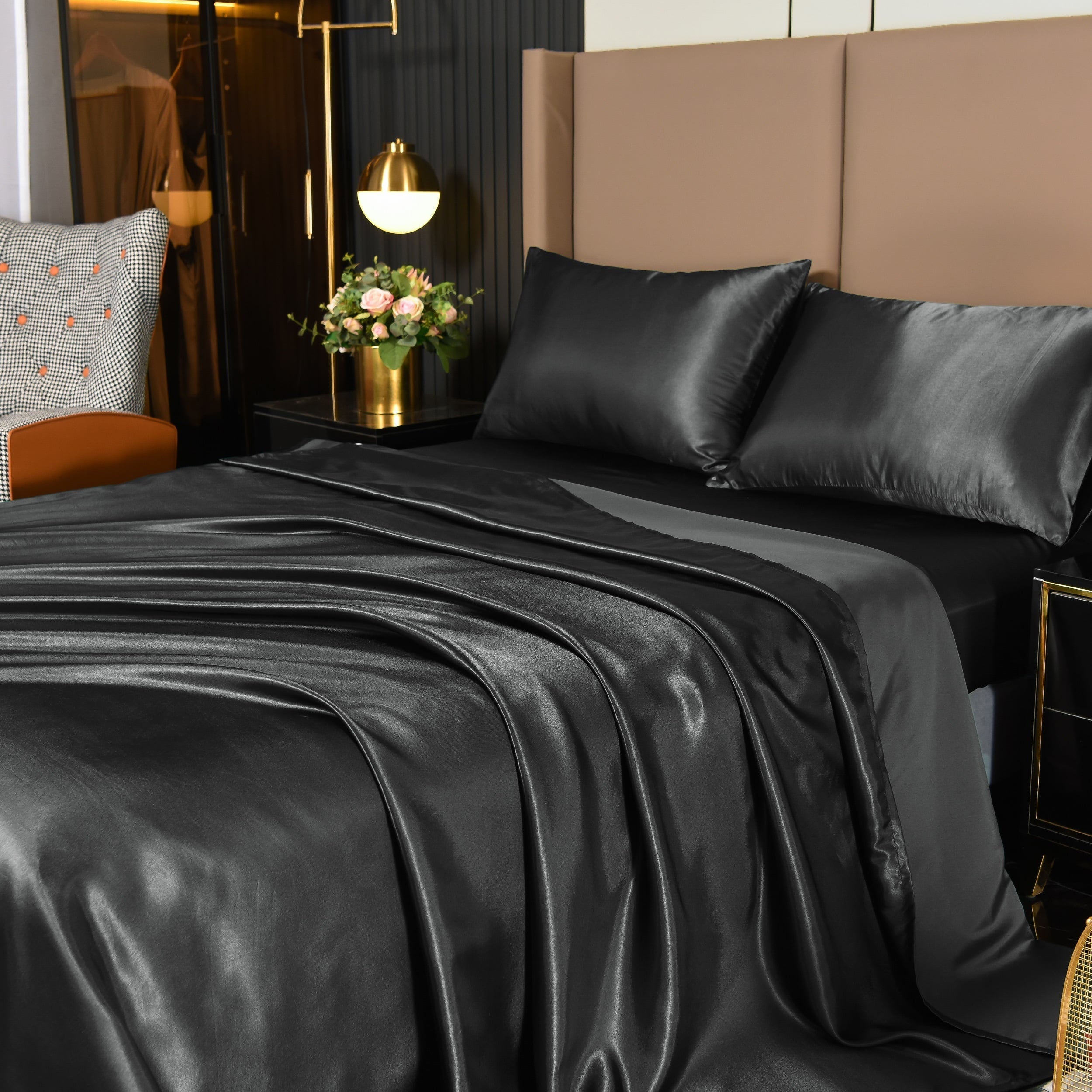 Breathable Luxury 4Pcs Black Satin Sheets Queen Set Silk Sheets 13" Deep Pocket Ultra Soft silky Bed Sheet Set - Premium Ultra-Soft Pillowcase Pair for Sleeping - Default Title
