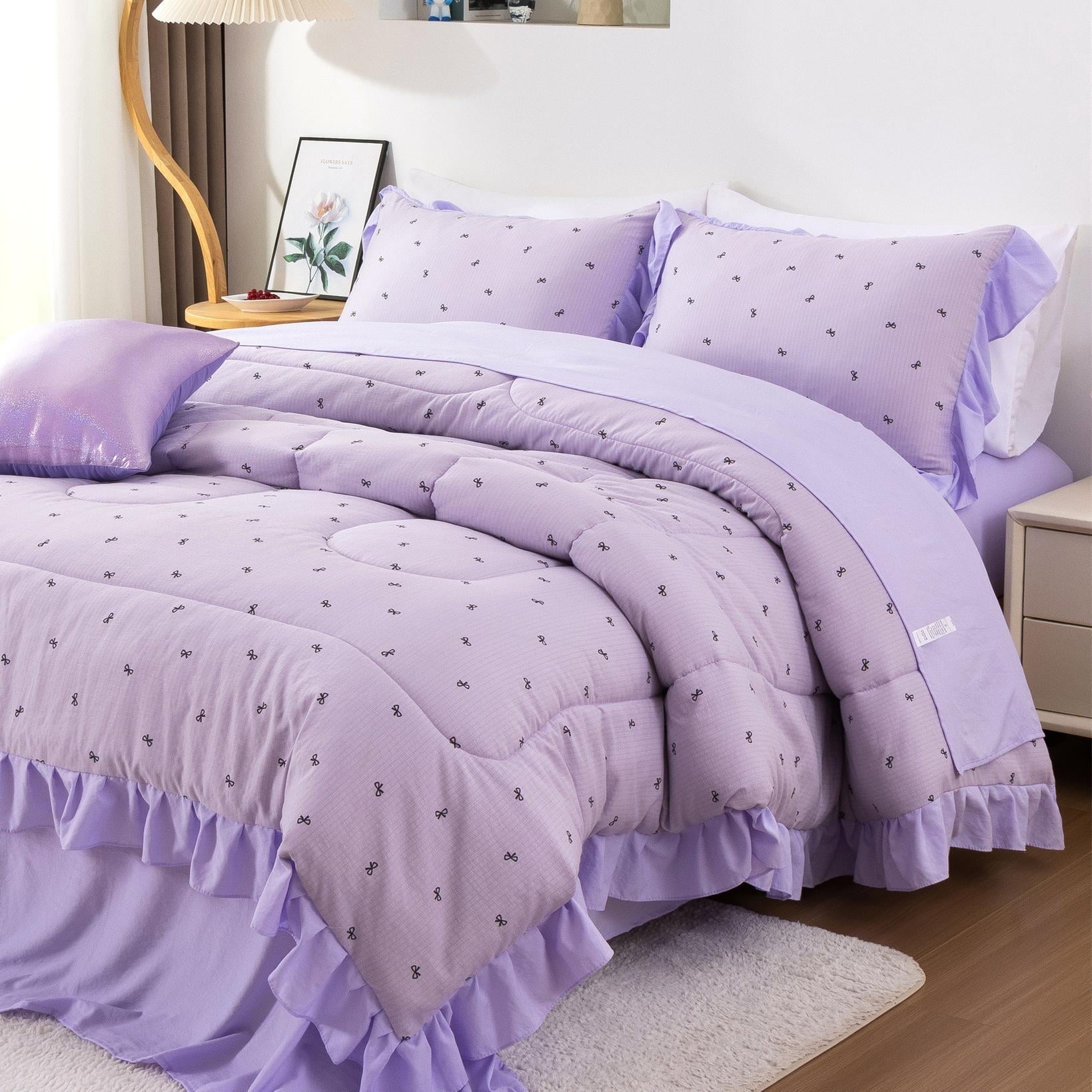 Heavyweight Warmth 6 Piece Delicate Bows Purple Bedding Set Ruffle Princess Style Comforter Set Bed in a Bag - Cloud-Like Soft Lightweight Bed Comforter - Default Title