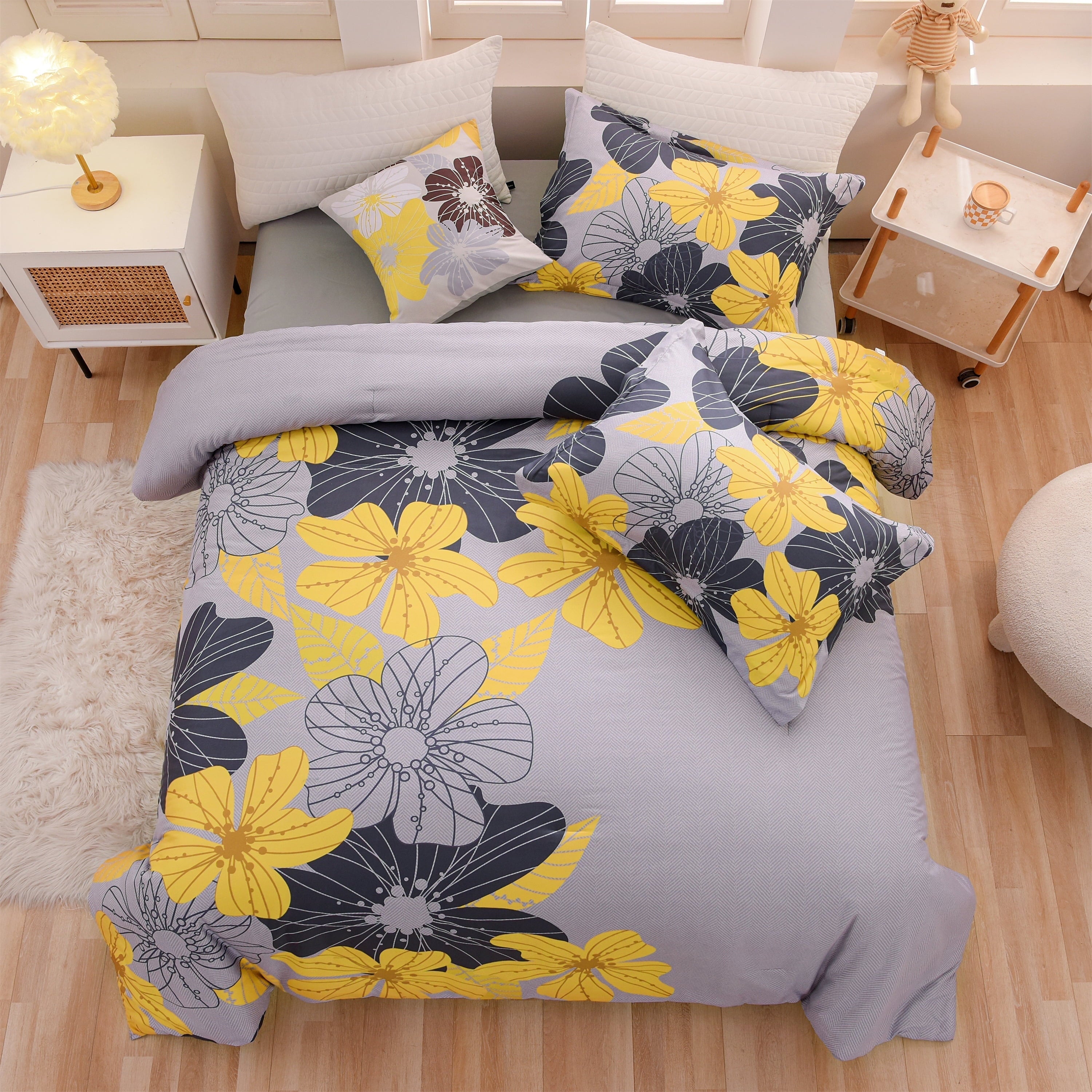 Hypoallergenic Cloud Yellow Floral Comforter Set Queen Flower Bed Set Adult Soft Botanical Boho Bedding Set - Cloud-Like Soft Lightweight Bed Comforter - Default Title