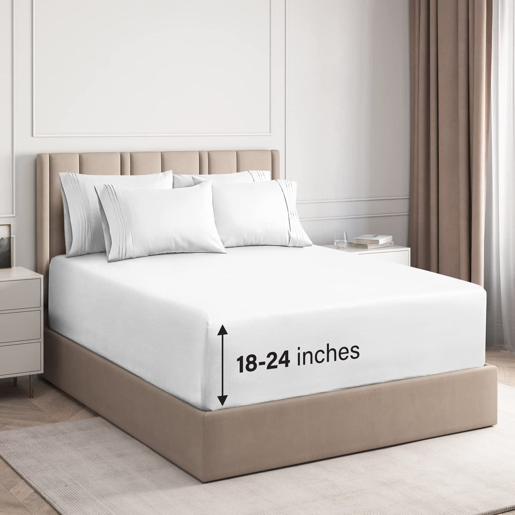 Breathable Luxury 6-Piece Extra Deep Pocket Sheet Set With Extra Matching Pillowcases - King Size Bed Sheets Fits 18"-24" Ma... - Cooling Hotel Quality Bedding Sheets and Pillowcases - Default Title