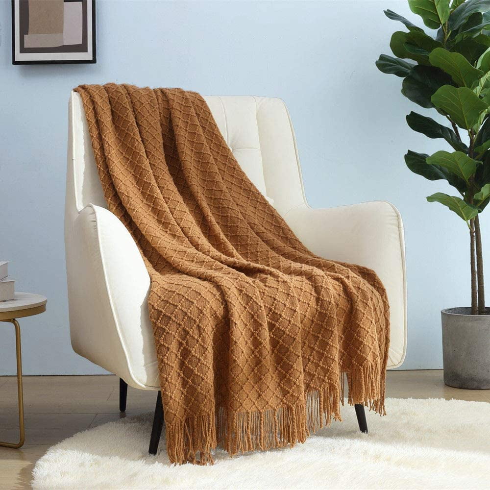 Super Soft Flannel Home Decor Rustic Couch Sofa Chair Bed Throw Blanket, Soft Warm Light Weight in Spring Summer (50''X60'' Brown) - Luxury Knitted Decorative Throw Blanket with Fringes - Default Title