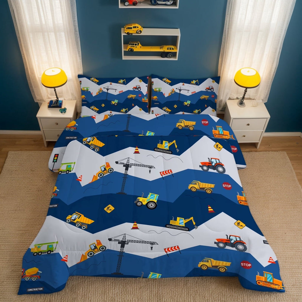 Heavyweight Warmth Car Comforter Set Construction Bedding Set for Boys Kids Trucks Comforter Cartoon Car Excavator Tractor Blue 3Pcs Twin - All-Season Down Alternative Comforter Insert - Default Title
