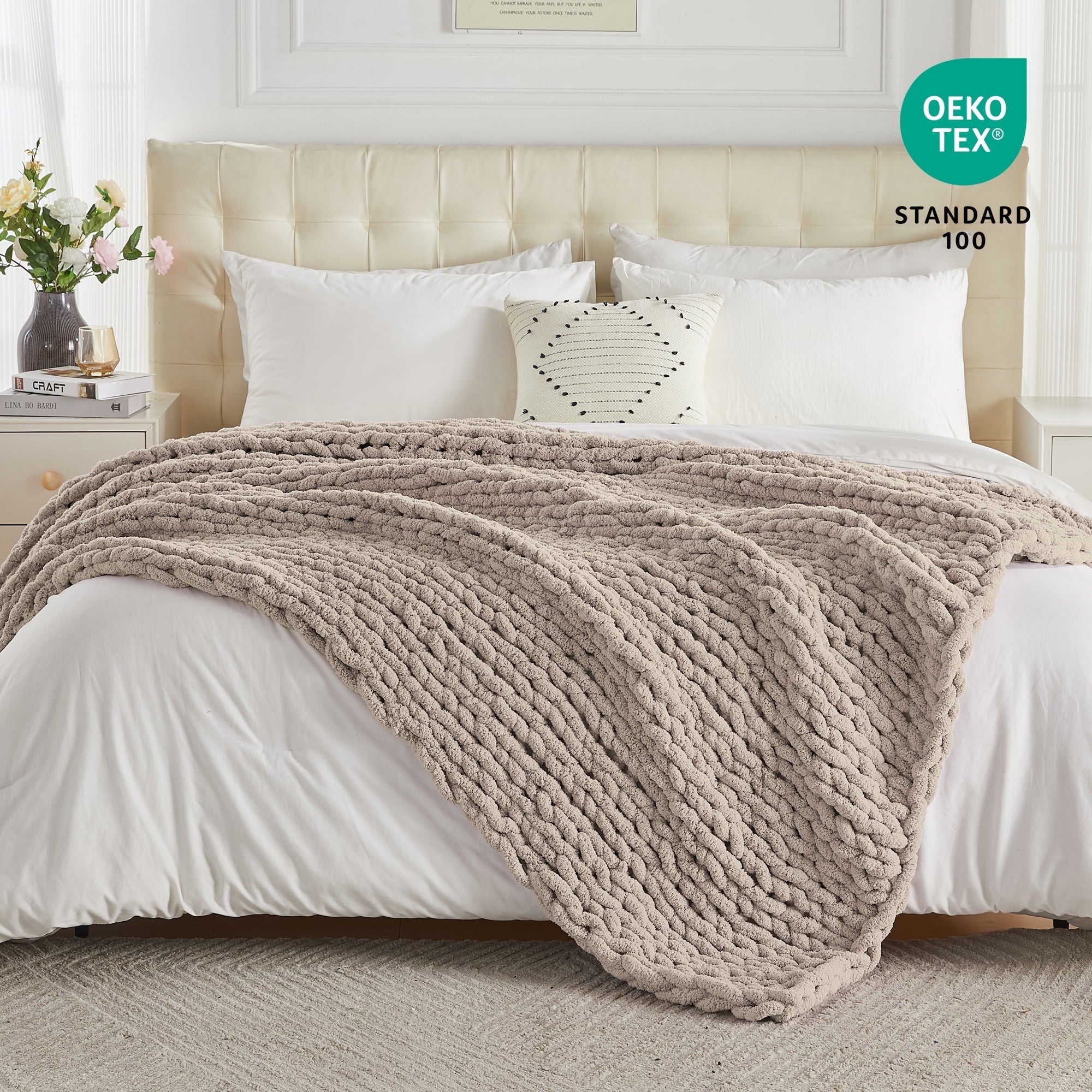 Reversible Sherpa Chunky Knit Throw Blanket Handmade Soft Throws for Couch Sofa Bed, 50" x 60" Taupe - Cozy Fleece Throw Blanket for Couch & Bed - Default Title