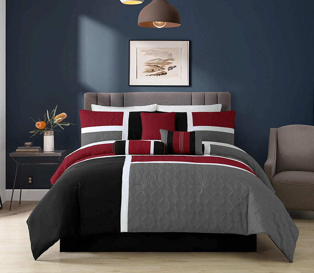 Luxurious Quilted 7-Piece Medallion Patchwork Comforter Set, Full, Red/Gray/Black - Hypoallergenic Ultra-Fluffy Quilt for Winter - Default Title
