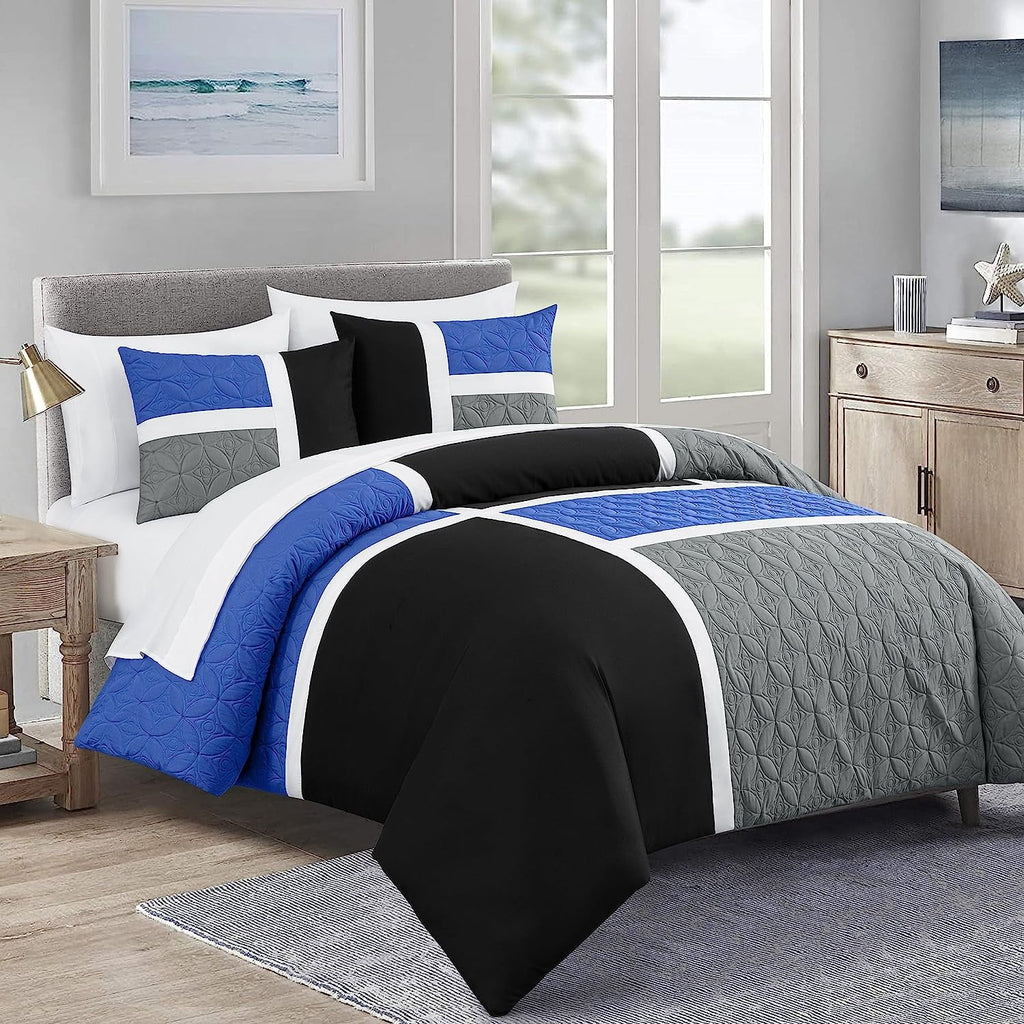 Luxurious Quilted Bernard 7-Piece Full Bed in a Bag Comforter Set with Sheets, Lightweight Comforter Blue Black Gray Patchwork Quilted ... - Luxurious Quilted Duvet Cover Set - Default Title