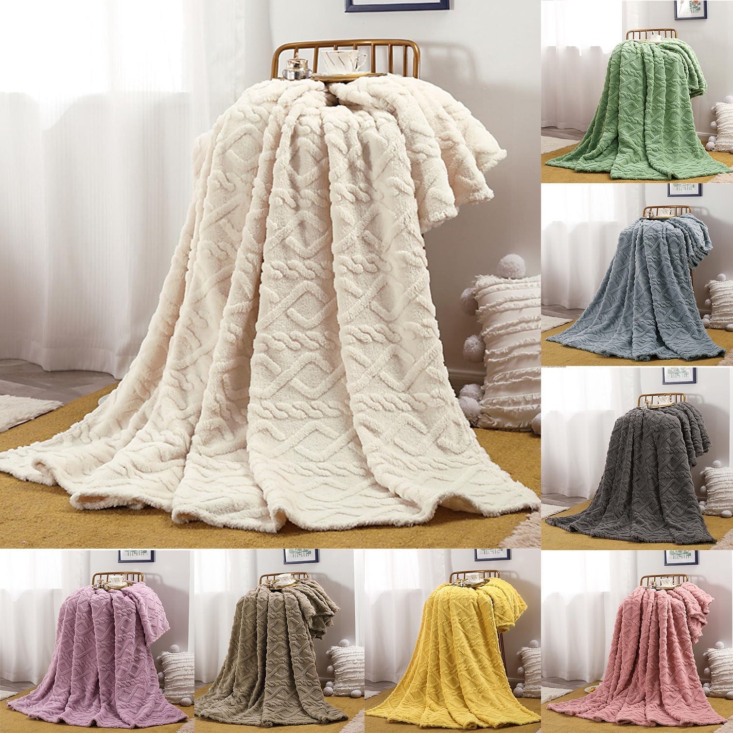 Decorative Knitted Clearance Under $5 Throw Blanket, Super Soft Warm Solid Color Thicken Flannel Blankets, Microfiber Machine Washable f... - Luxury Knitted Decorative Throw Blanket with Fringes - Default Title