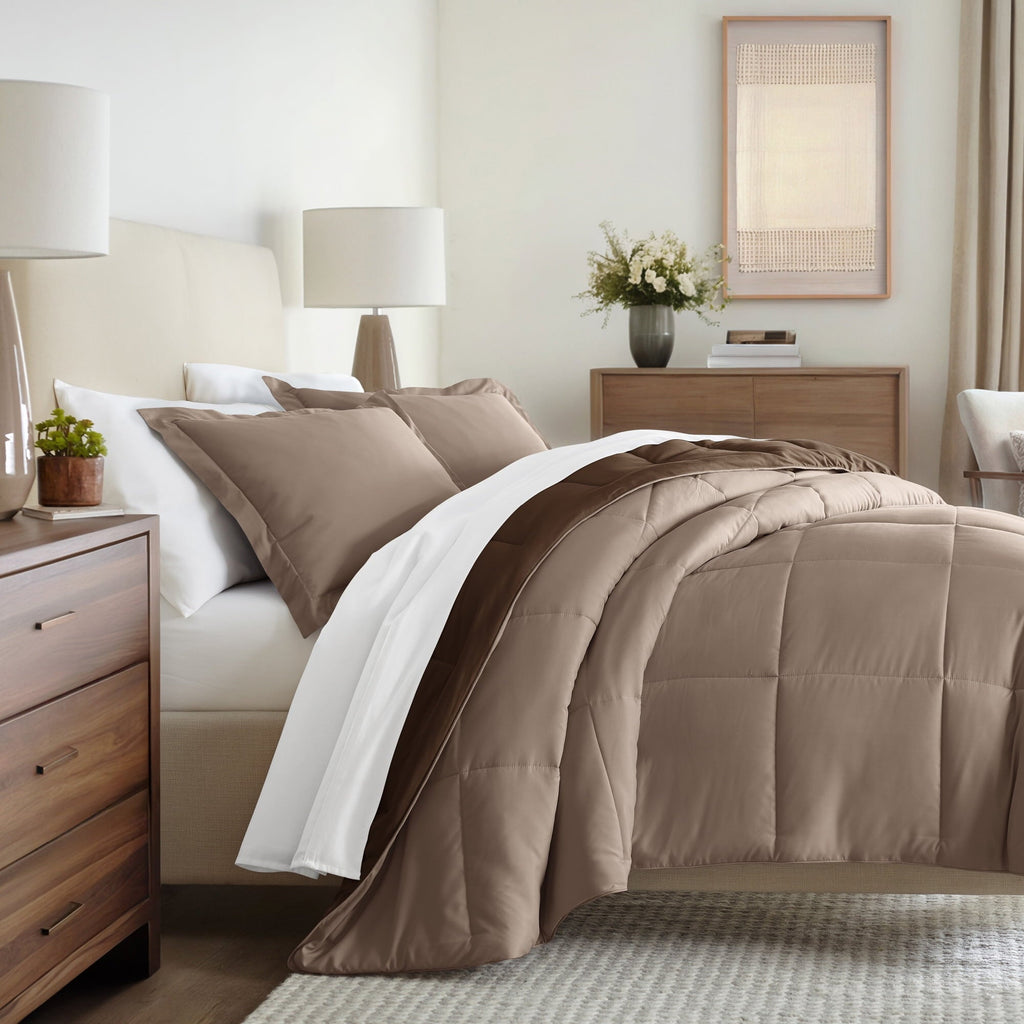 All-Season All Season Reversible Comforter Set Breathable Cool in Taupe & Chocolate Brown Full/Queen Size Bedding - All-Season Down Alternative Comforter Insert - Default Title