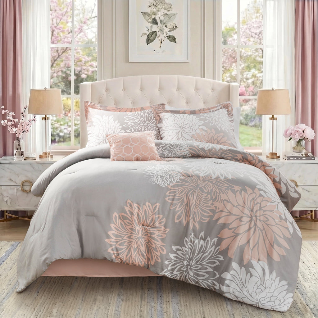 Fluffy Down Alternative King Size Comforter Set, 5-Piece Floral Bedding Set for All Season, Blush Comforter Set King with Bed Skirt - Hypoallergenic Ultra-Fluffy Quilt for Winter - Default Title