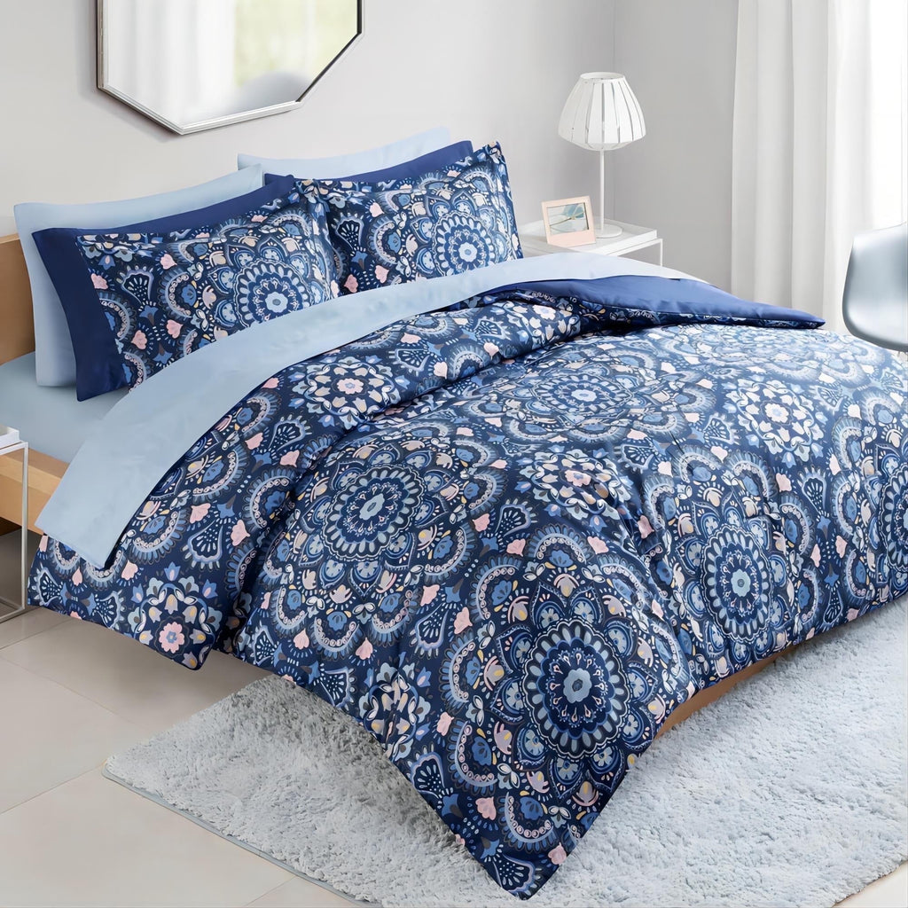All-Season Queen Size Comforter Set, 9-Piece Bed in a Bag Queen, Navy Blue Bedding Comforter Set with Comforter, Flat Sheets, Fi... - All-Season Down Alternative Comforter Insert - Default Title