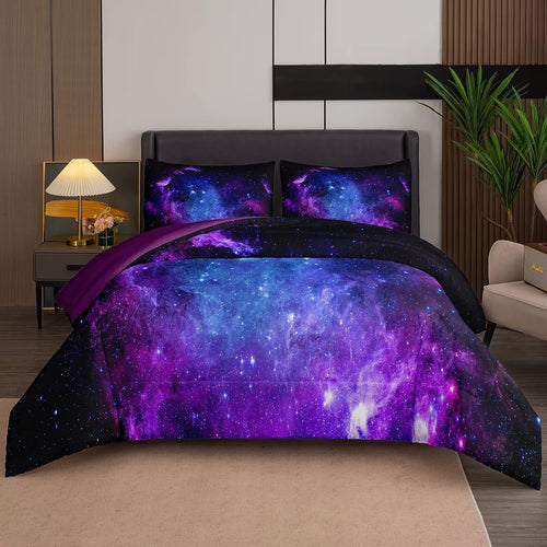 All-Season Galaxy Comforter Set Outer Space Purple Starry Sky Night Pattern Bedding Set for Girls Boys Kids Teens Twin Size with... - All-Season Down Alternative Comforter Insert - Default Title