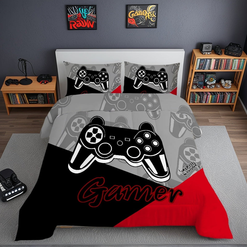 Luxurious Quilted Gaming Comforter for Kids Boys Teens Video Game Bedding Set Gamer Comforter Gamepad Comforter Set Full Size Red Black... - All-Season Down Alternative Comforter Insert - Default Title