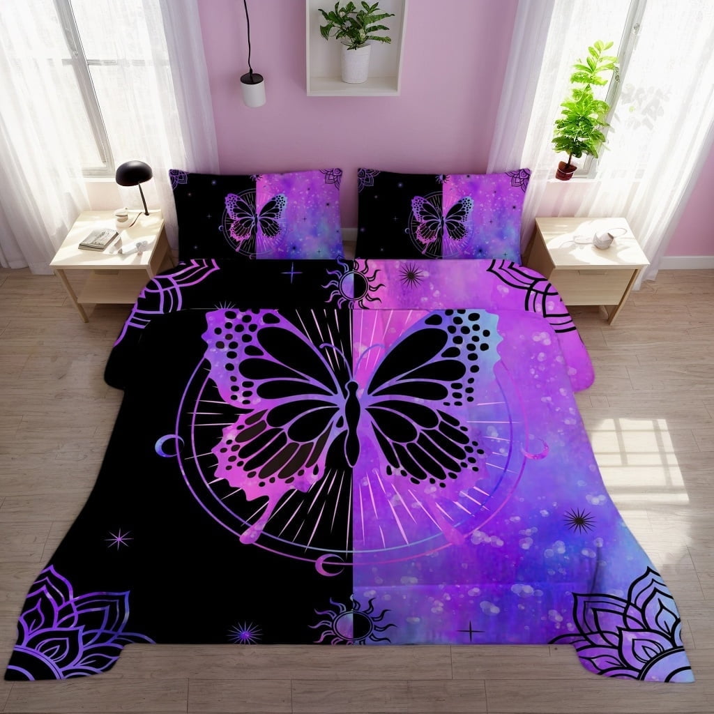 Hypoallergenic Cloud Butterfly Comforter Set Full Size for Girls Kids Teens Black Blue Purple Tie Dye Bedding Set 3 Pieces - All-Season Down Alternative Comforter Insert - Default Title