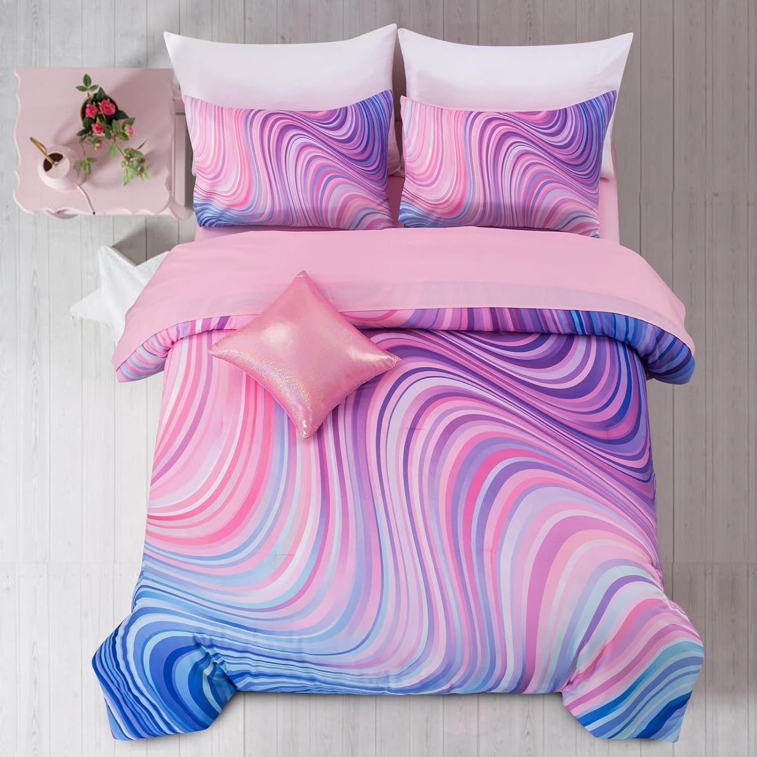 Fluffy Down Alternative 6 Pieces Gradient Star Ring Comforter Set, Colorful Glitter Rainbow Wave Stripes Pattern Bedding Set for Boys Girls T... - Luxurious Quilted Duvet Cover Set - Default Title