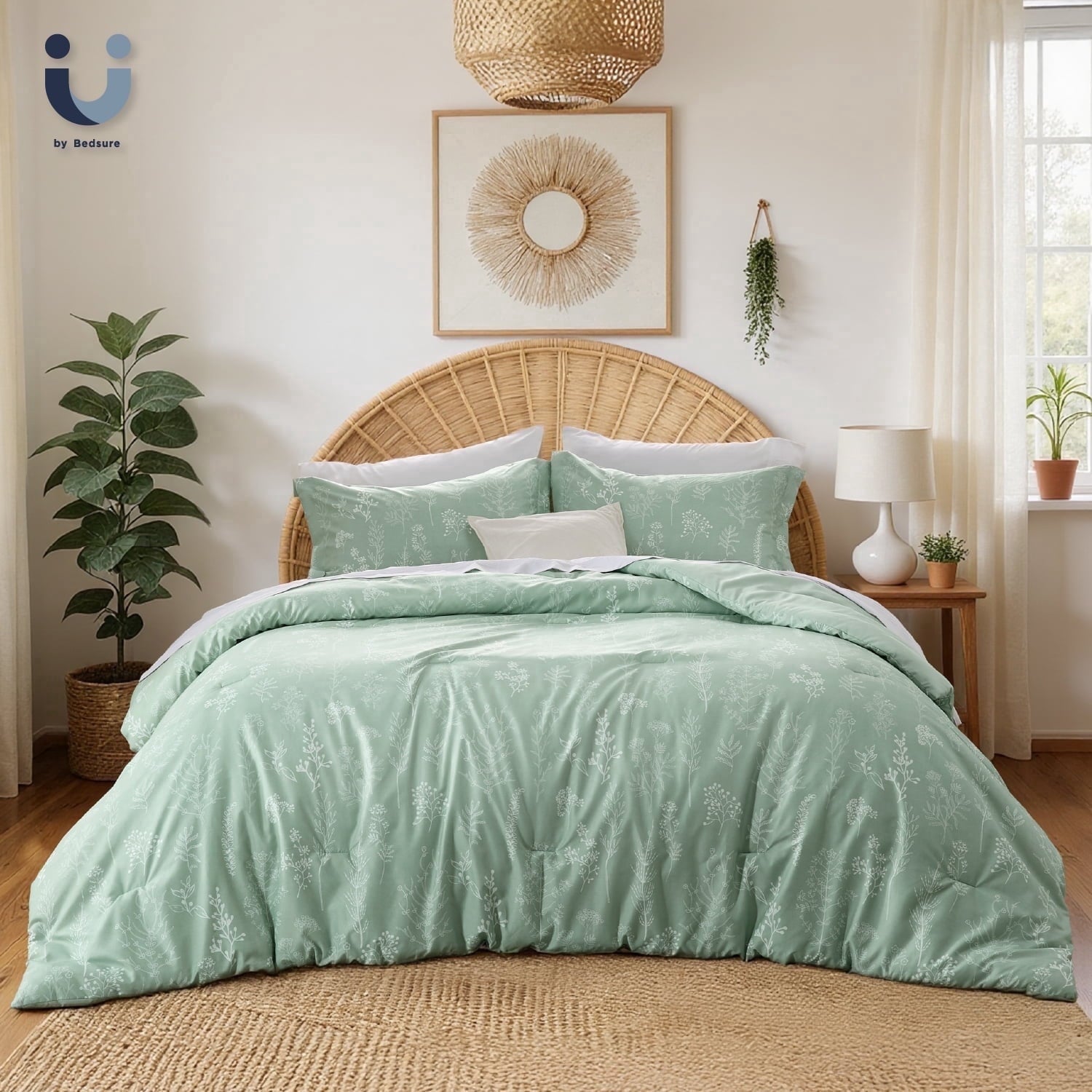 Luxurious Quilted 3 Pieces Sage Green Floral Comforter Sets, 1 Botanical Flowers Reversible Comforter and 2 Pillow Shams, Queen Size Be... - Cloud-Like Soft Lightweight Bed Comforter - Default Title