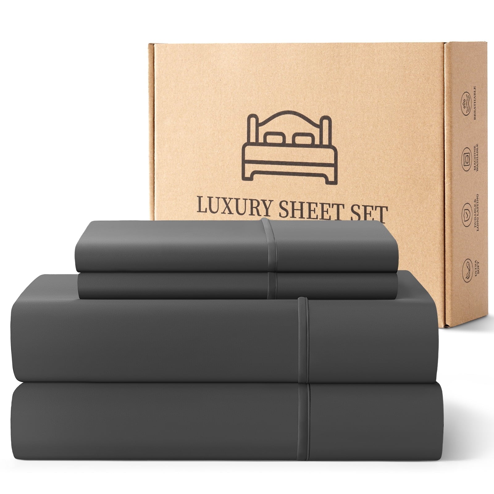 Wrinkle-Resistant Sheets,Soft Hotel Luxury Polyester Washed Cotton,4 Piece Sheets Set,with 14" Deep Pocket,Dark Gray - Luxury Bed Sheet Set with Deep Pockets - Default Title