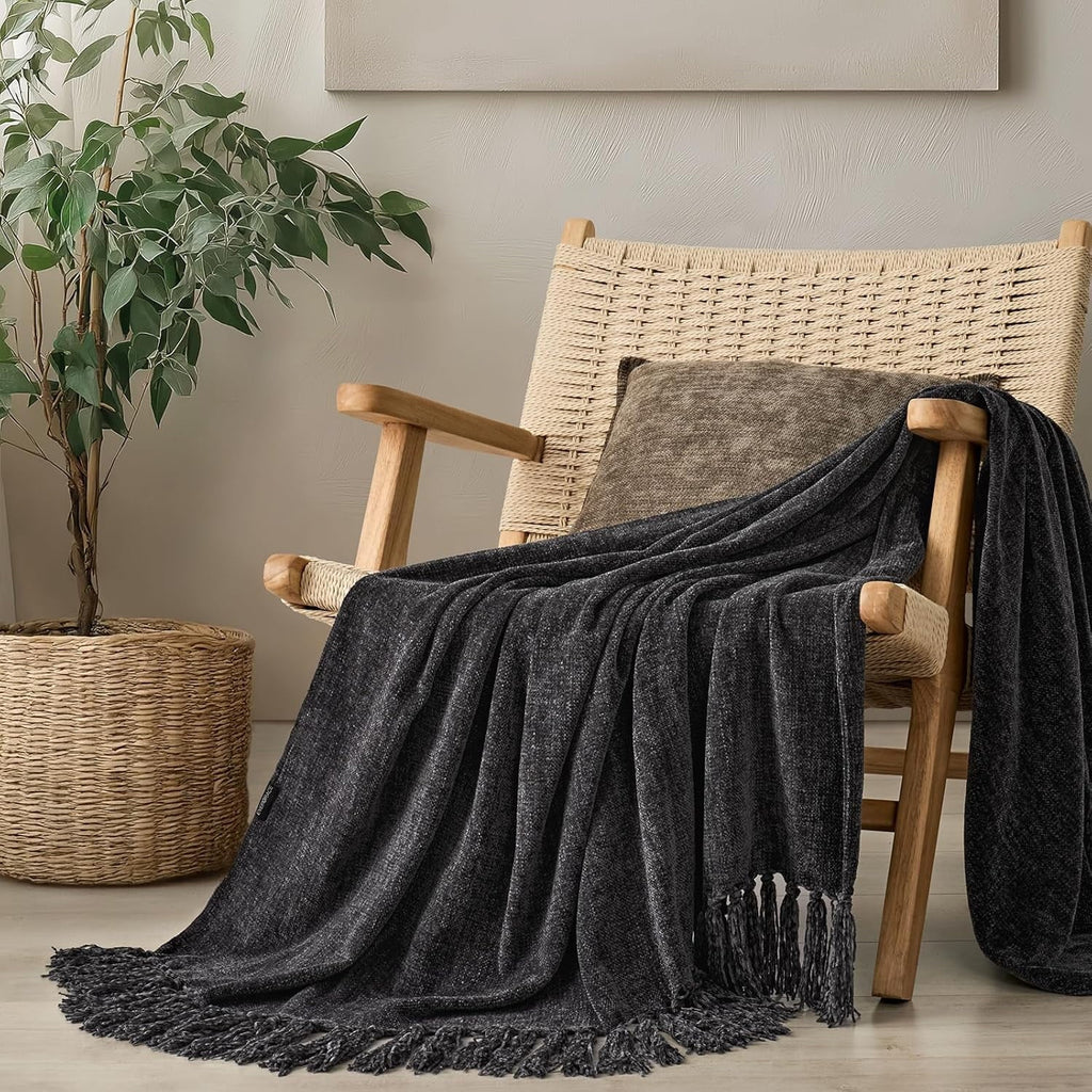 Lightweight Warm Soft Chenille Throw Blanket for Couch, Cozy Plush Fuzzy Decorative Chenille Knit Throw Blanket with Tassels, Lightwei... - Luxury Knitted Decorative Throw Blanket with Fringes - Default Title