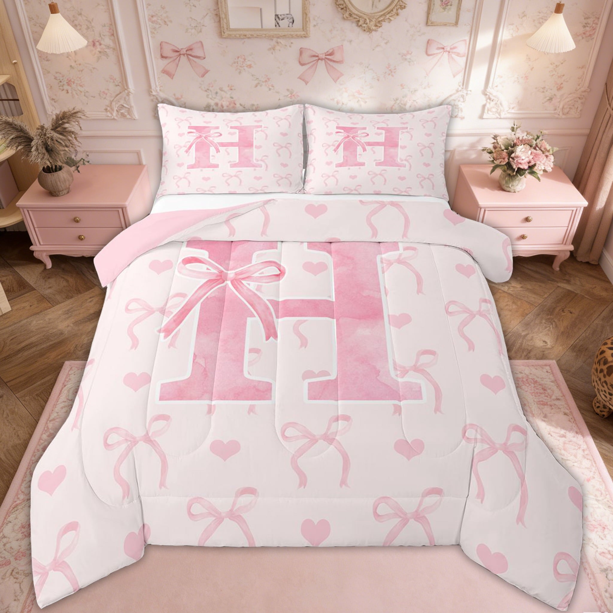 All-Season Kawaii Bowknot Bedding Sets Full with Comforter, Initial H Duvet Insert, Romantic Initial A-Z Decor, Reversible - All-Season Down Alternative Comforter Insert - Default Title