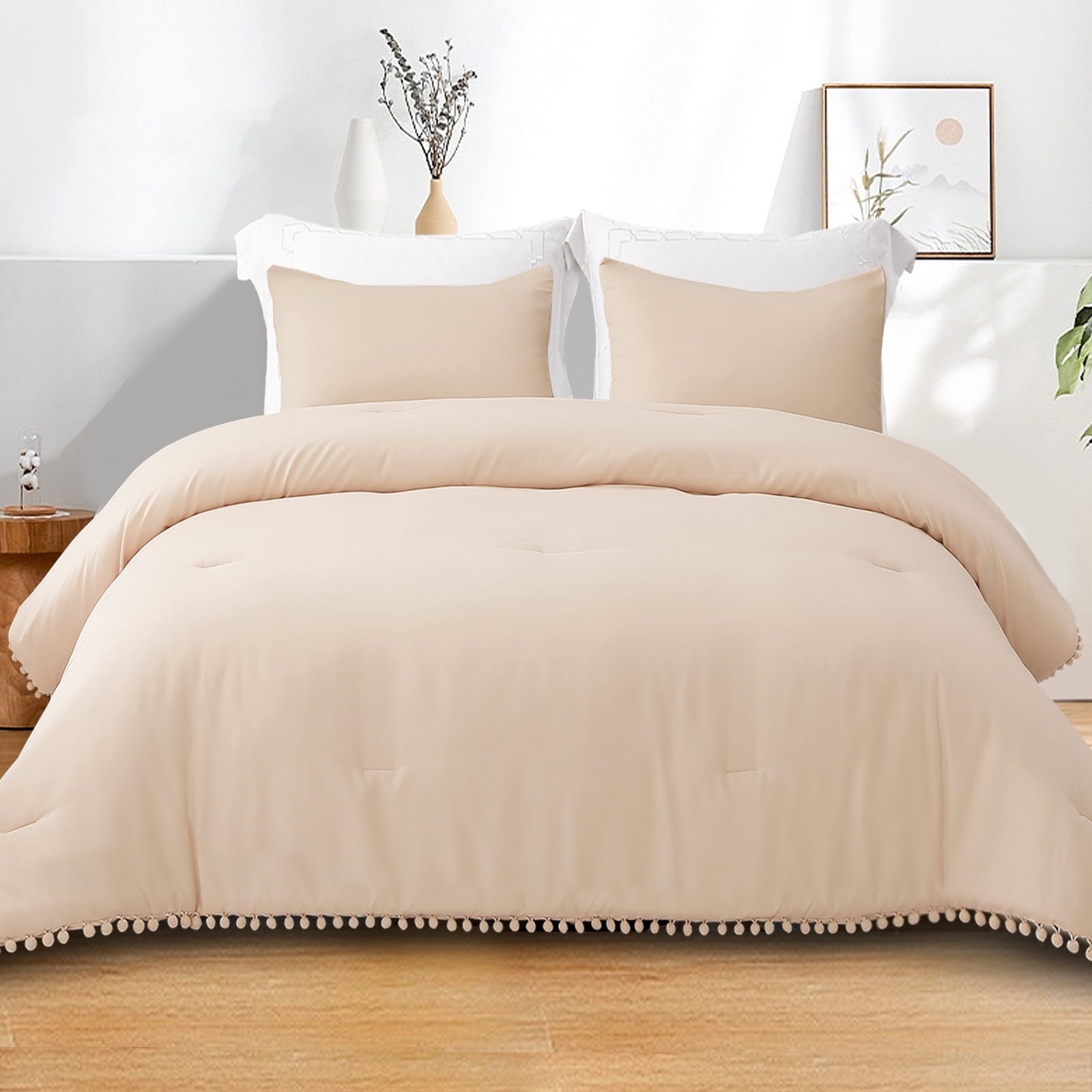 Fluffy Down Alternative Boho Pom Pom Ball Fringe King Size Comforter Set, 3 Pieces Beige Lightweight Down Alternative Bedding Comforter Sets ... - All-Season Down Alternative Comforter Insert - Default Title