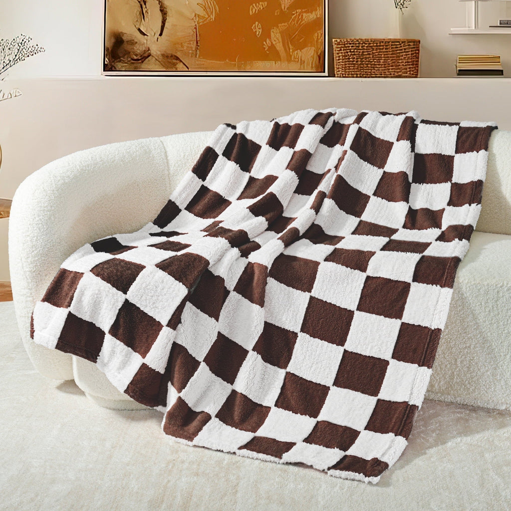 Decorative Knitted Checkered Throw Blanket, Super Soft and Warm Fluffy Fleece Blanket for Couch, Sofa, Bed, Cute Plaid Pattern, Coffee, ... - Luxury Knitted Decorative Throw Blanket with Fringes - Default Title