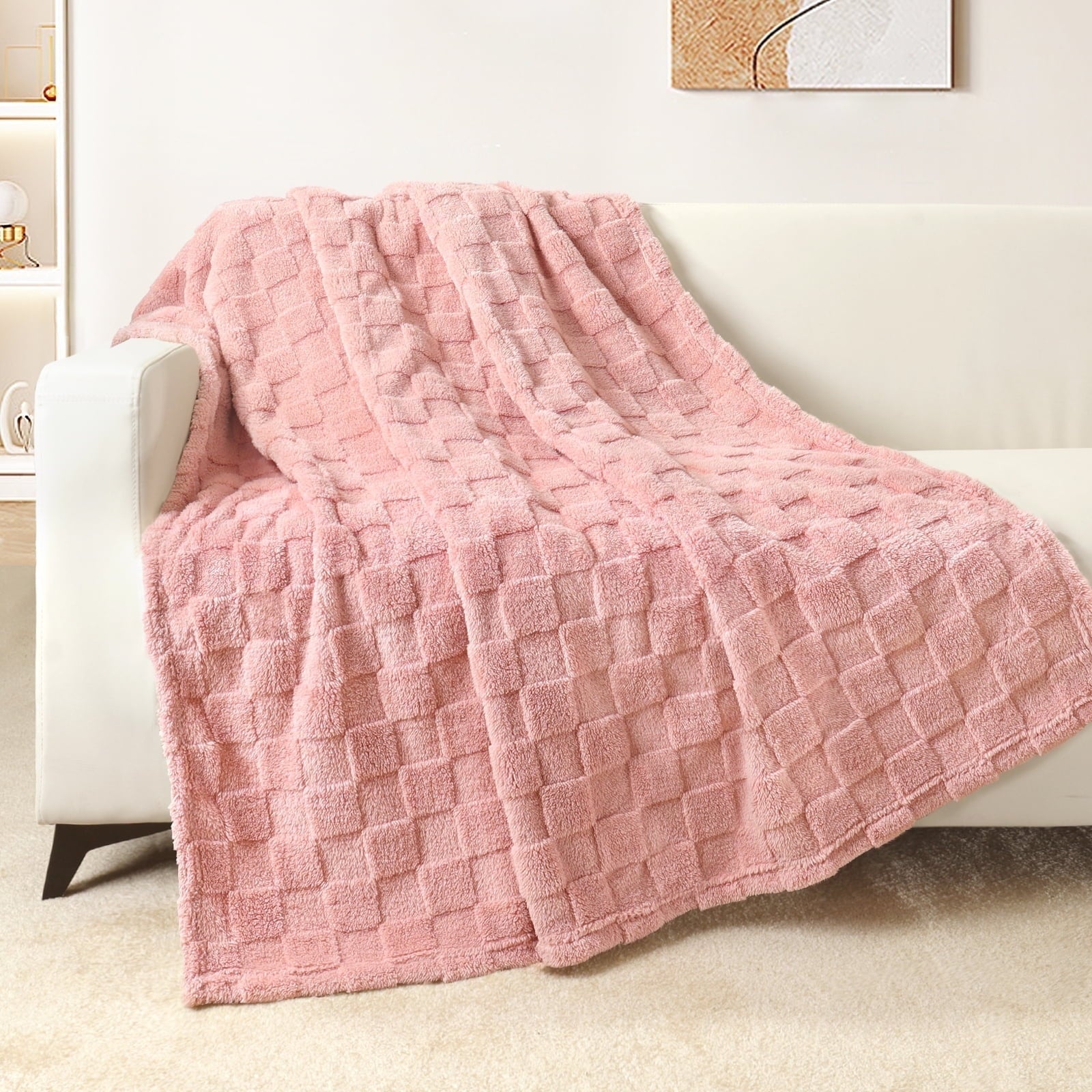 Decorative Knitted Fleece Throw Blanket for Couch, Super Soft Warm Lightweight Checkered Pattern Blanket for All Seasons, Pink, 50"x60" - Cozy Fleece Throw Blanket for Couch & Bed - Default Title