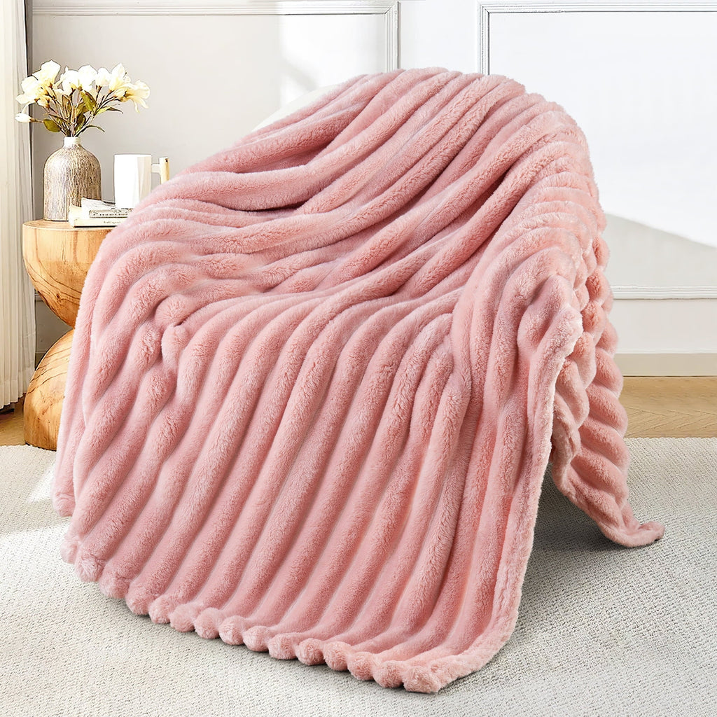 Super Soft Flannel Fleece Throw Blanket for Couch, Super Soft 3D Striped Jacquard Blanket, Lightweight Fuzzy Cozy Blankets, Pink, 50"x60" - Cozy Fleece Throw Blanket for Couch & Bed - Default Title