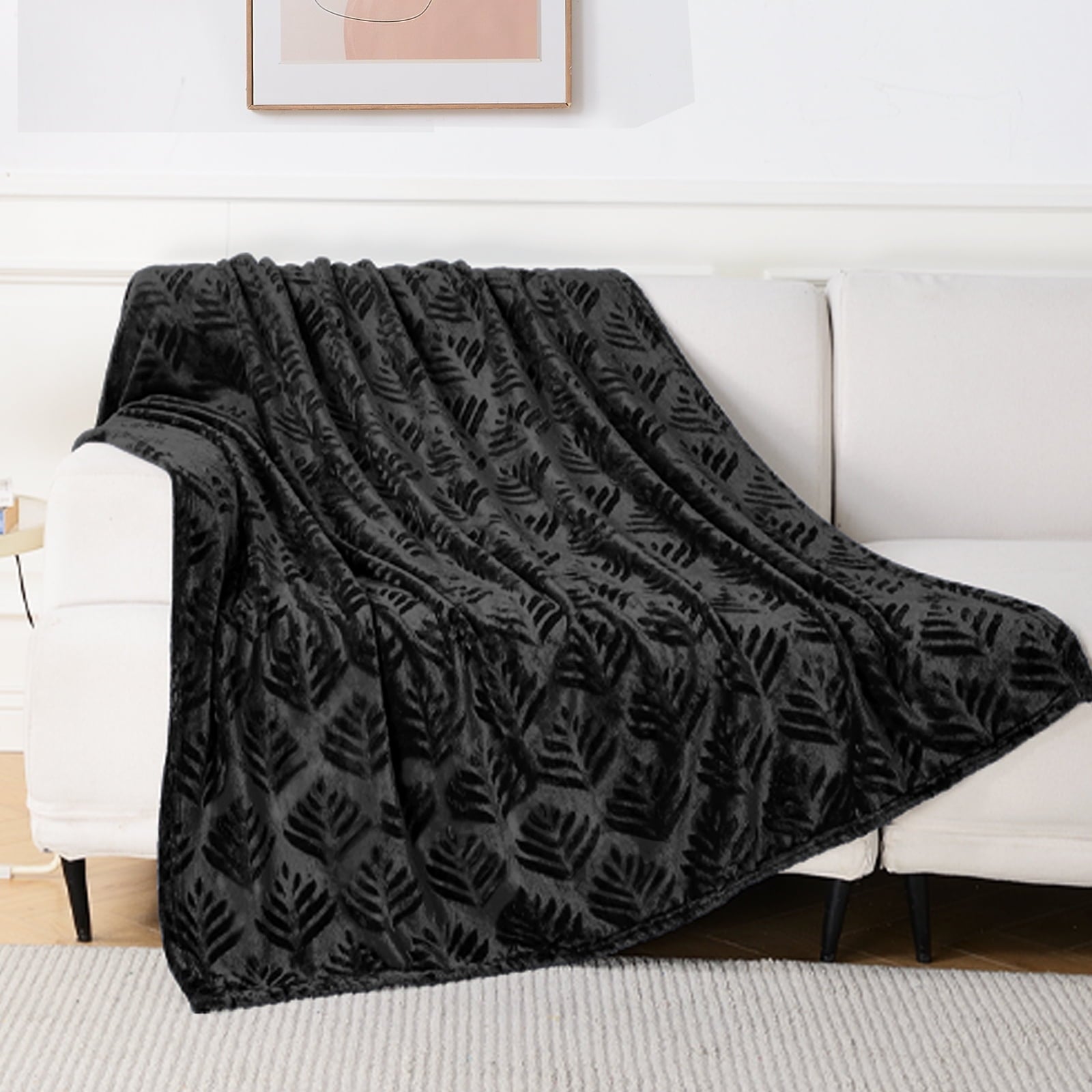 Reversible Sherpa Fleece Throw Blanket for Couch, Leaves Pattern Super Soft and Cozy Blankets, Plush Fuzzy Lightweight, Black, 50"x60" - Luxury Knitted Decorative Throw Blanket with Fringes - Default Title