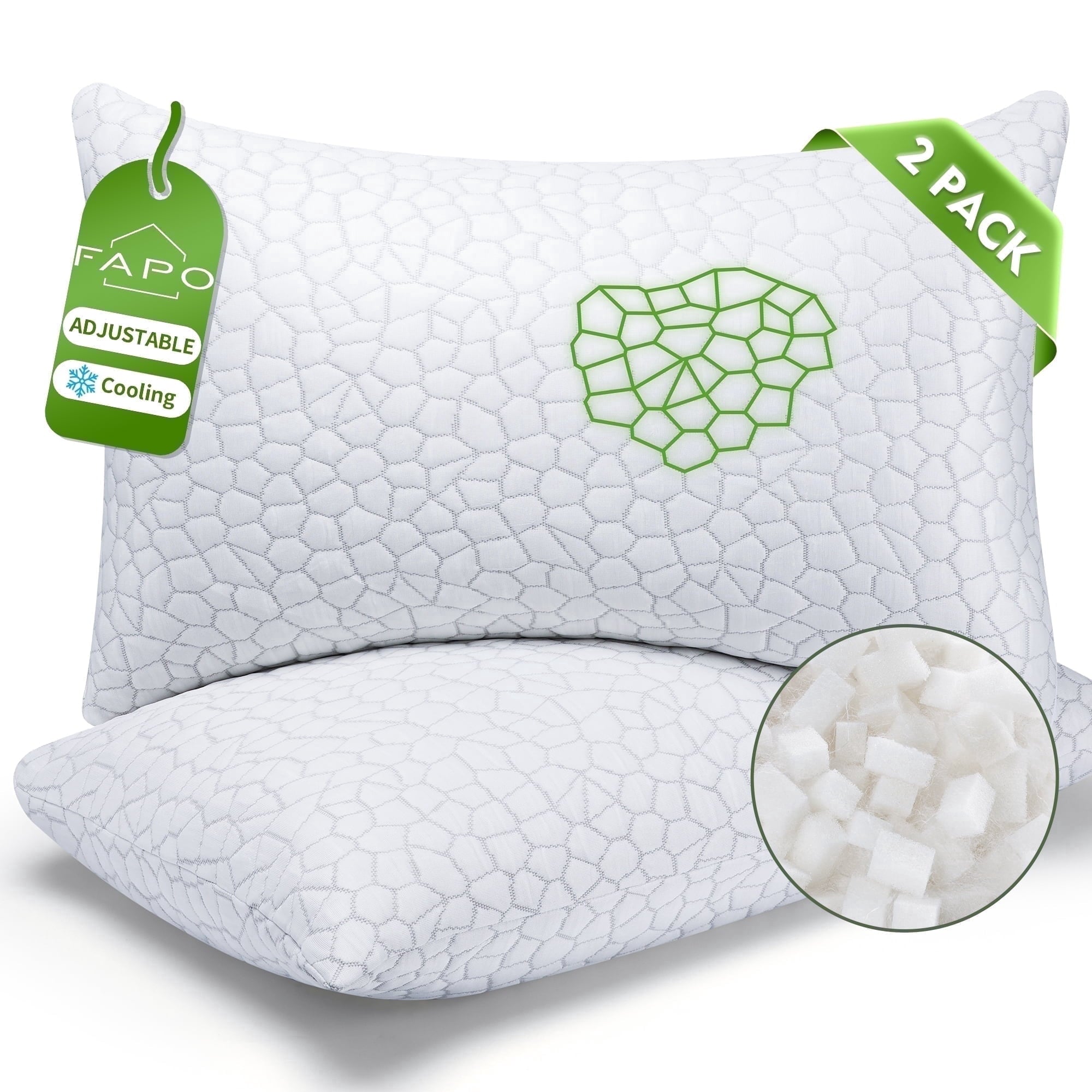 Fluffy Shredded Cooling Memory Foam Queen Pillows for bed 2 Pack,Adjustable Support & Heat Dissipation Tech for Side,Back,Stomach & H... - Hotel Quality Plush Sleeping Pillows - Default Title