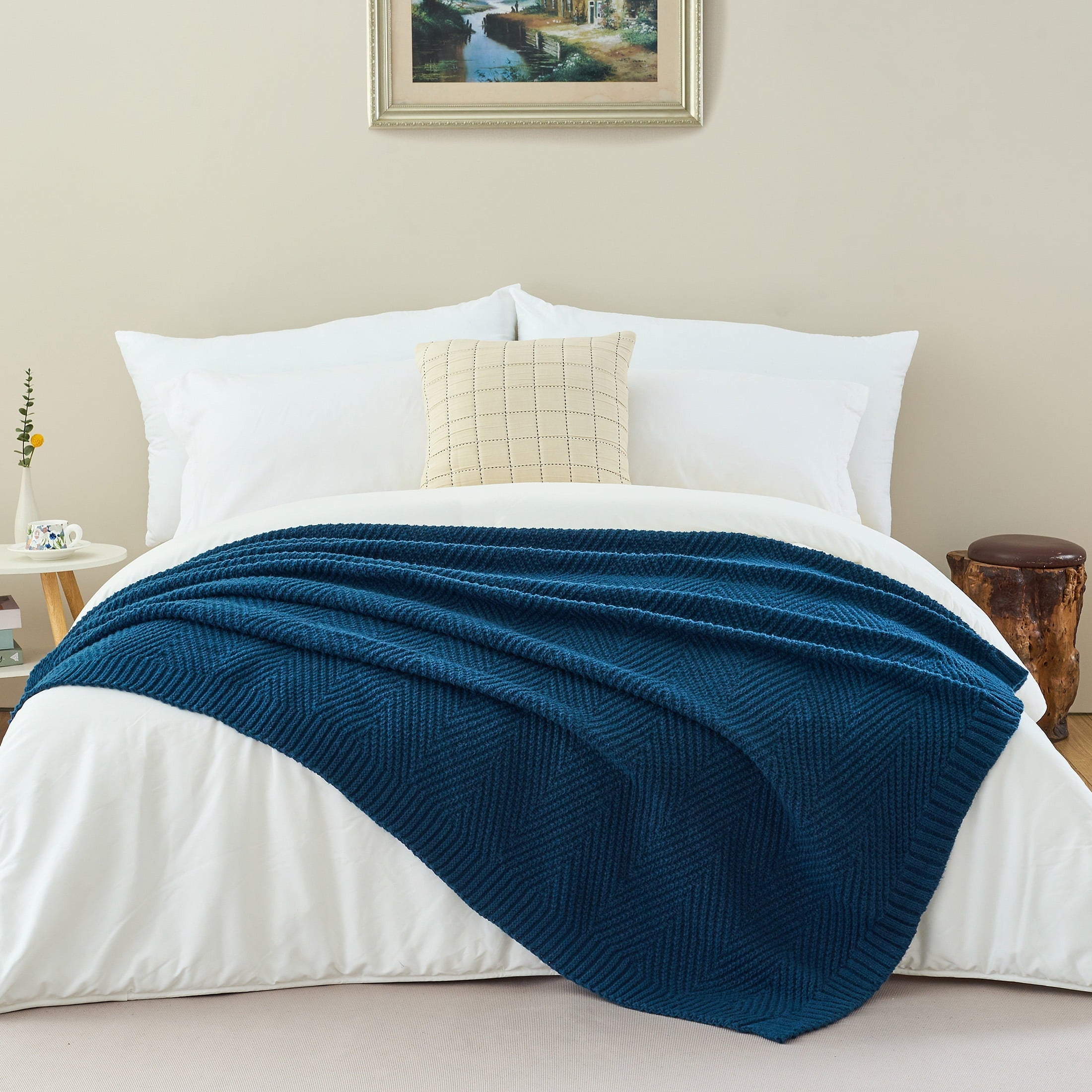 Decorative Knitted Soft Knitted Throw Blanket 50" x 60" Navy Blue, Boho Chevron Farmhouse Throw for Bed Couch - Luxury Knitted Decorative Throw Blanket with Fringes - Default Title