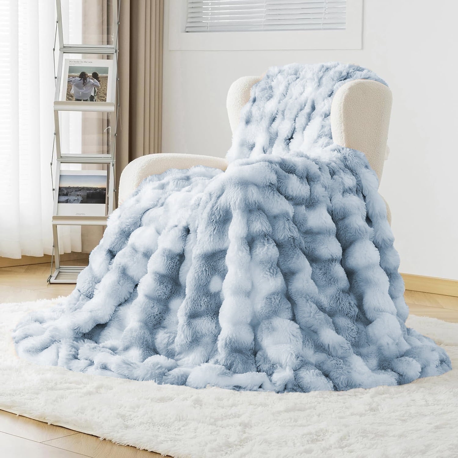 Reversible Sherpa Faux Fur Blanket Fluffy Luxury Throw Blanket Plush Fuzzy Blanket for Couch Bed 50×60 Inches Tie-dyed Blue - Luxury Knitted Decorative Throw Blanket with Fringes - Default Title