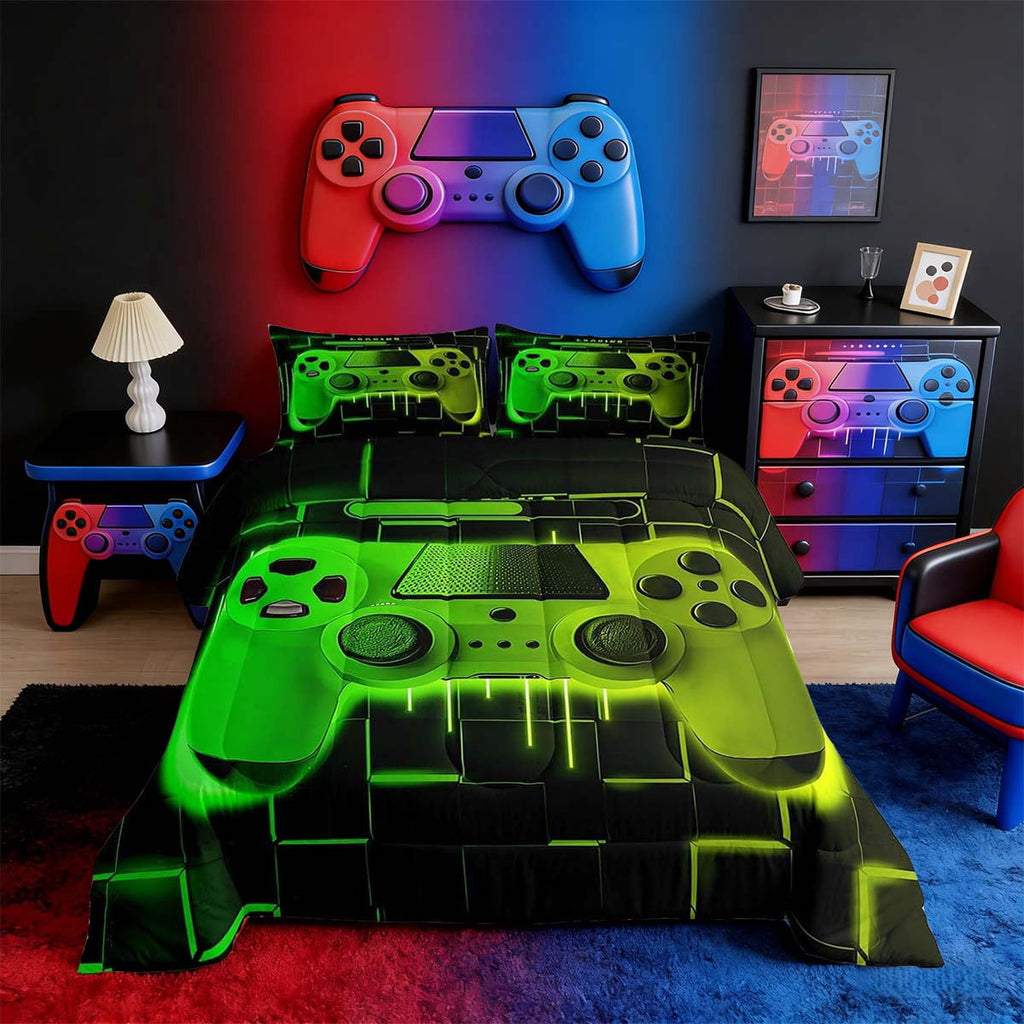Fluffy Down Alternative Green Yellow Gaming Full Size Comforter Sets - Gamer Comforter Full Size Bedding Set, Neon Lights Abstract Geometry D... - Luxurious Quilted Duvet Cover Set - Default Title