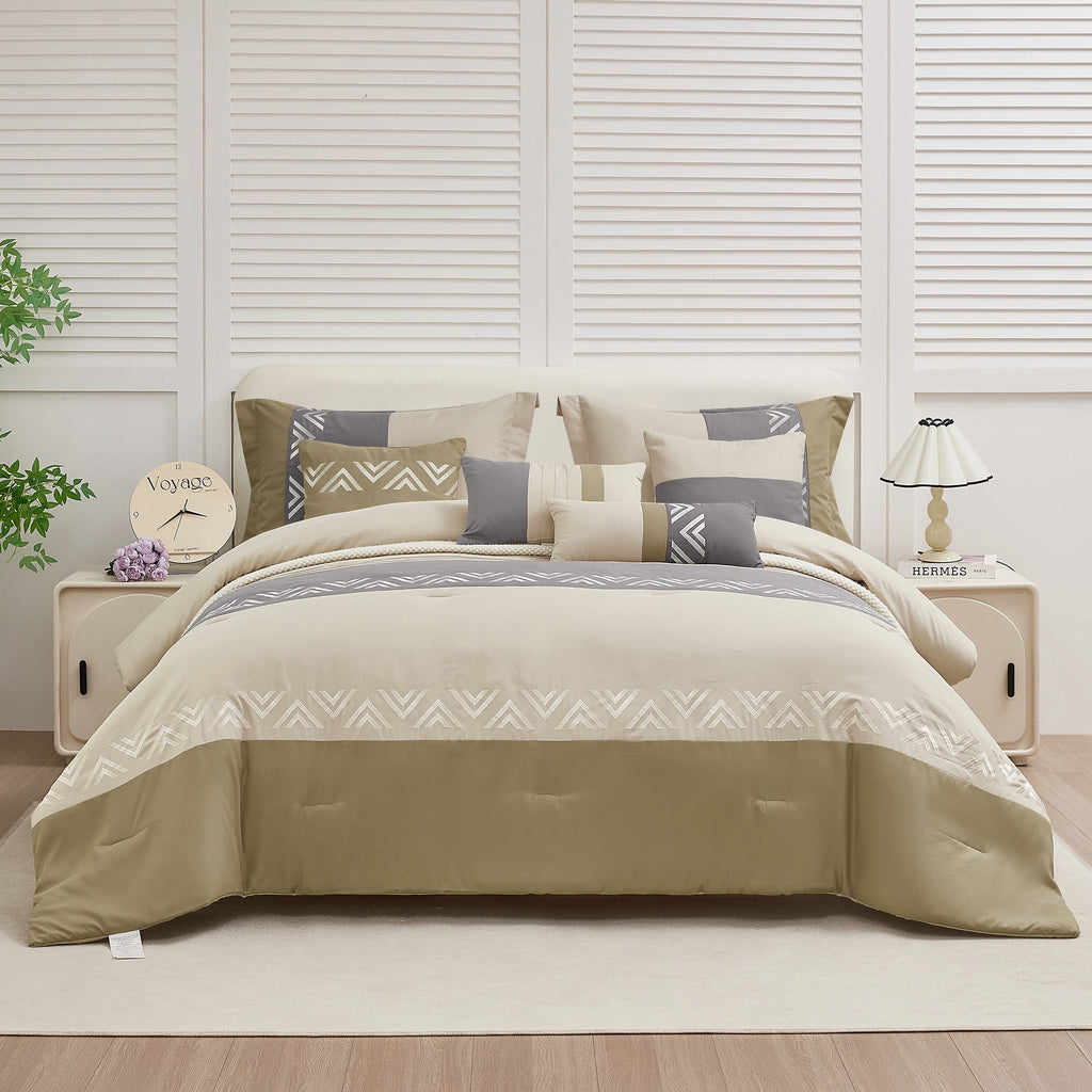 Heavyweight Warmth 7 Piece Embroidery Design Bed-in-a-Bag, Taupe Queen Size Ultra Soft Comforter Set for Adults - Hypoallergenic Ultra-Fluffy Quilt for Winter - Default Title
