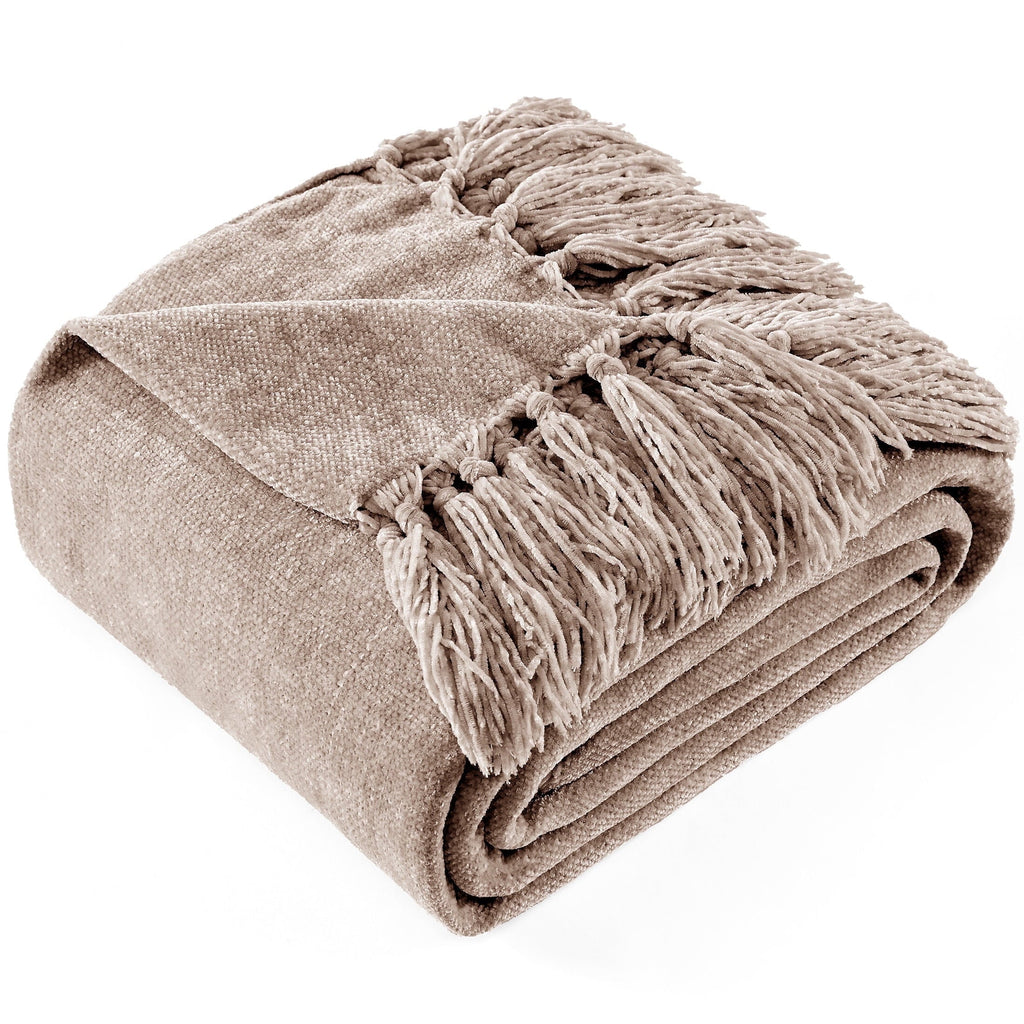 Cozy Fleece Chenille Throw Blanket with Fringe Tassel for Couch Sofa Chair Bed, Taupe 50" X 60" - Lightweight Plush Warm Blanket for All Seasons - Default Title