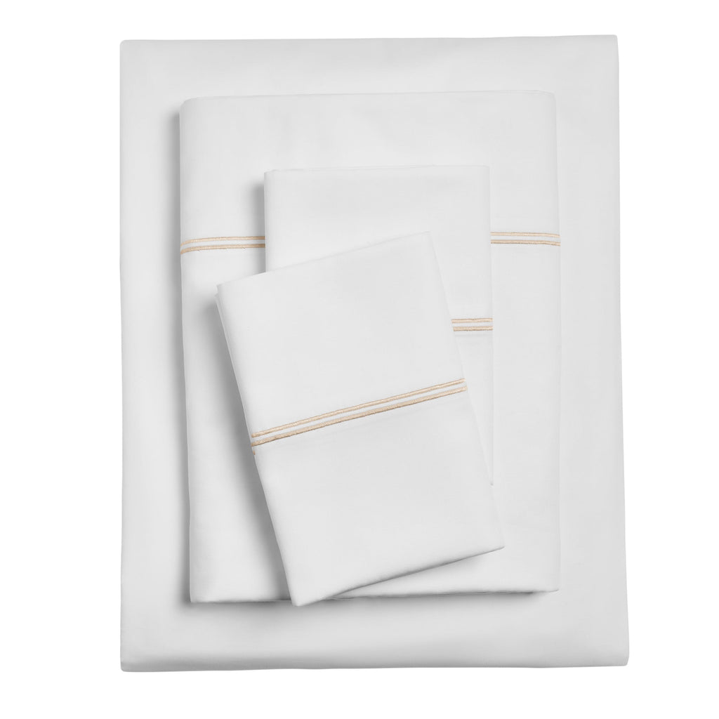Premium Egyptian Cotton 4-Piece 300 Thread Count White Pima Cotton Bed Sheet Set with Tan Hem, Full , Adult/Teen - Luxury Bed Sheet Set with Deep Pockets - Default Title
