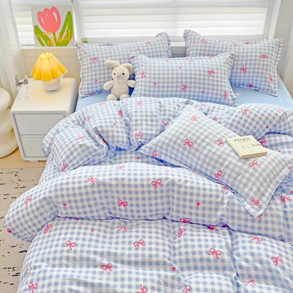Hypoallergenic Cloud 3-Piece Blue Plaid Pink Bows Comforter Full Set , Cute Soft Bedding Set for Kids Adults - All-Season Down Alternative Comforter Insert - Default Title