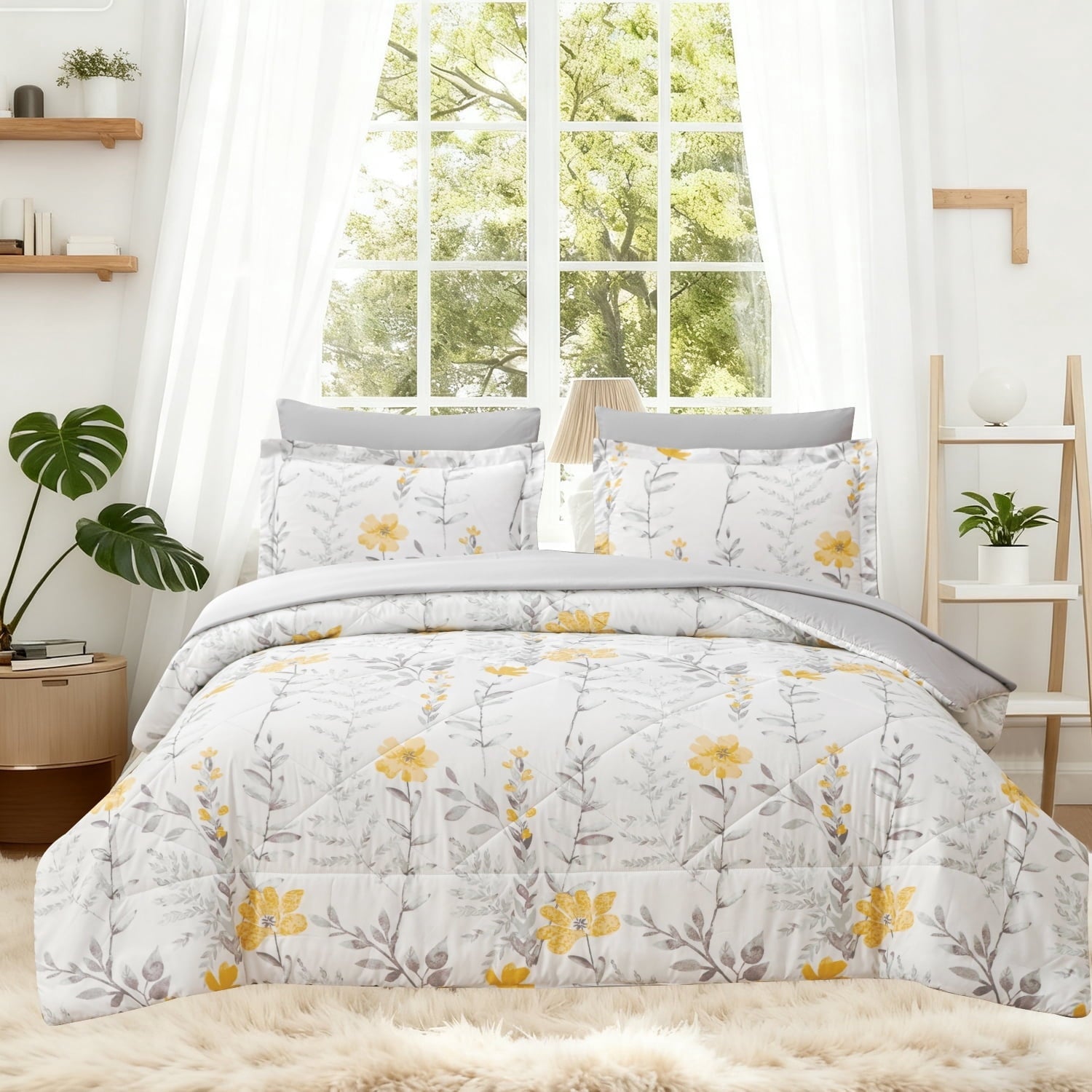 Luxurious Quilted 3 Piece Comforter Set Queen Yellow Floral Quilt Microfiber Patchwork Bedspread - Cloud-Like Soft Lightweight Bed Comforter - Default Title