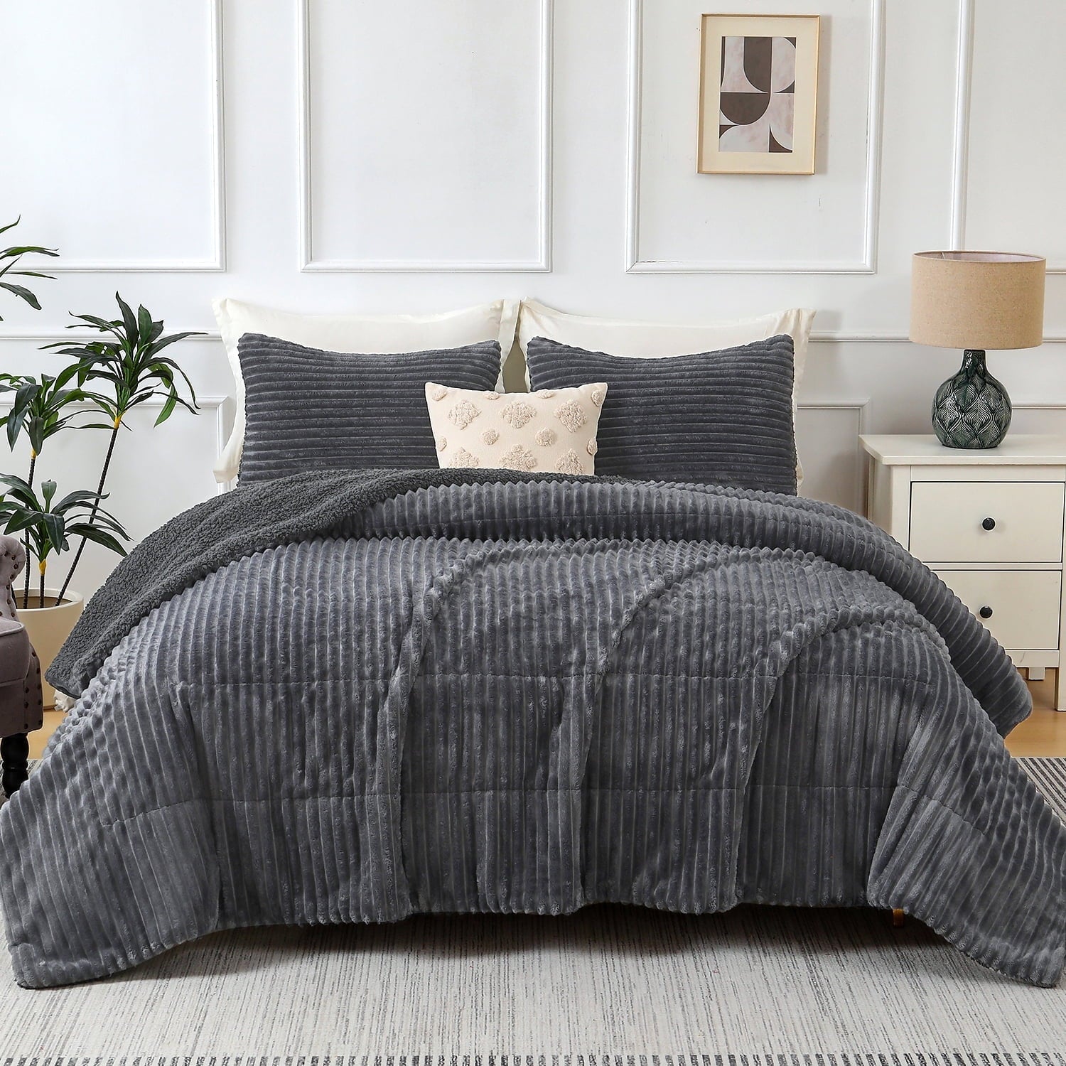 Hypoallergenic Cloud 3 Piece Fleece Queen Comforter Set - Soft & Warm Fluffy Dark Gray Sherpa Bedding , Fuzzy Heavy Double Sided Design Wi... - All-Season Down Alternative Comforter Insert - Default Title