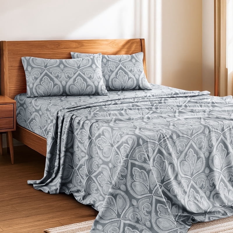 Cooling Sateen Lux Decor 4 Piece Queen Sheet Set, Brushed Microfiber Paisley Printed Bed Sheet Set with up to 16" Deep Pocket Fitted... - Breathable Egyptian Cotton Flat & Fitted Sheets - Default Title