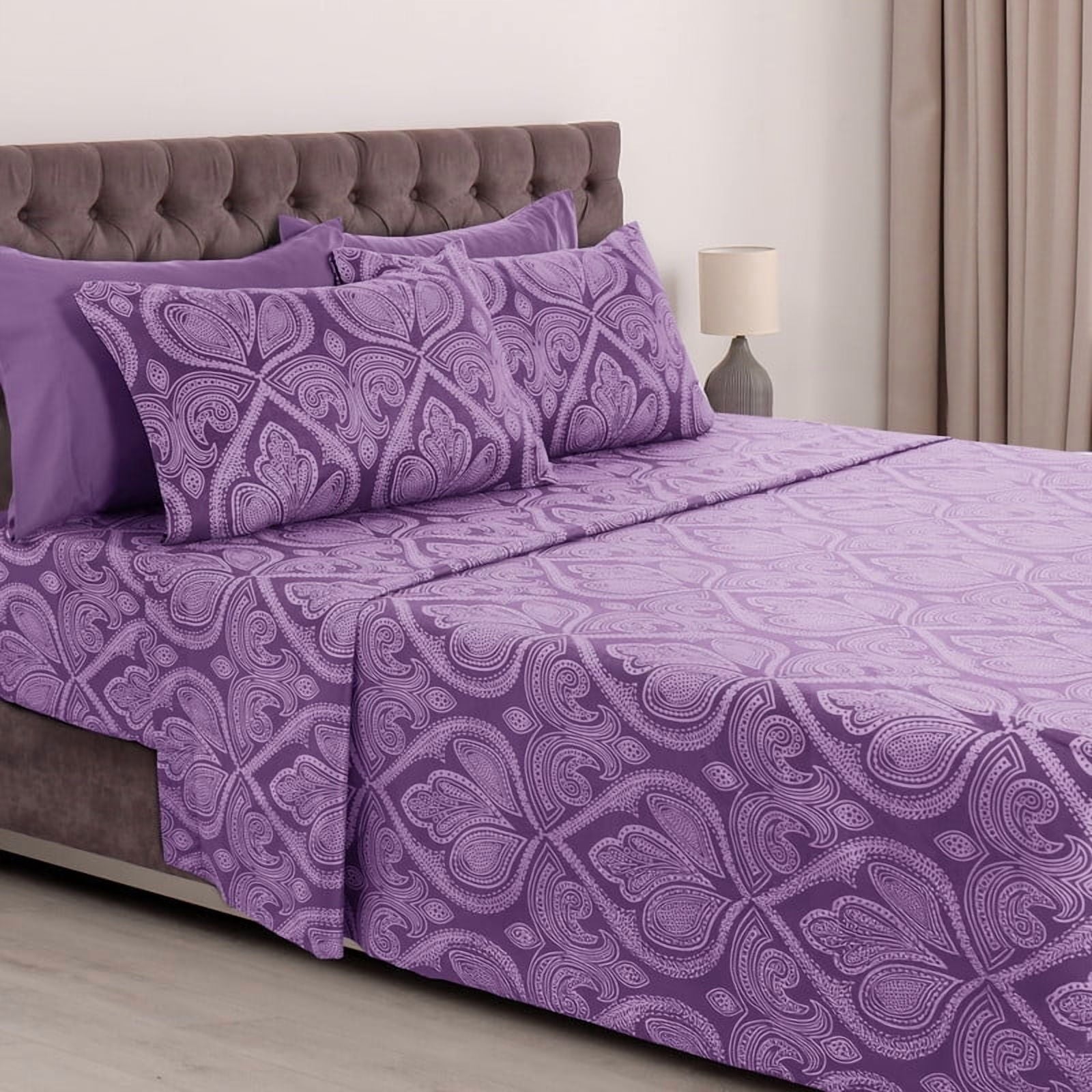 Cooling Sateen Paisley Printed Queen Bed Sheets Set, Microfiber 6 Piece Bedding Set - Purple - Cooling Hotel Quality Bedding Sheets and Pillowcases - Default Title