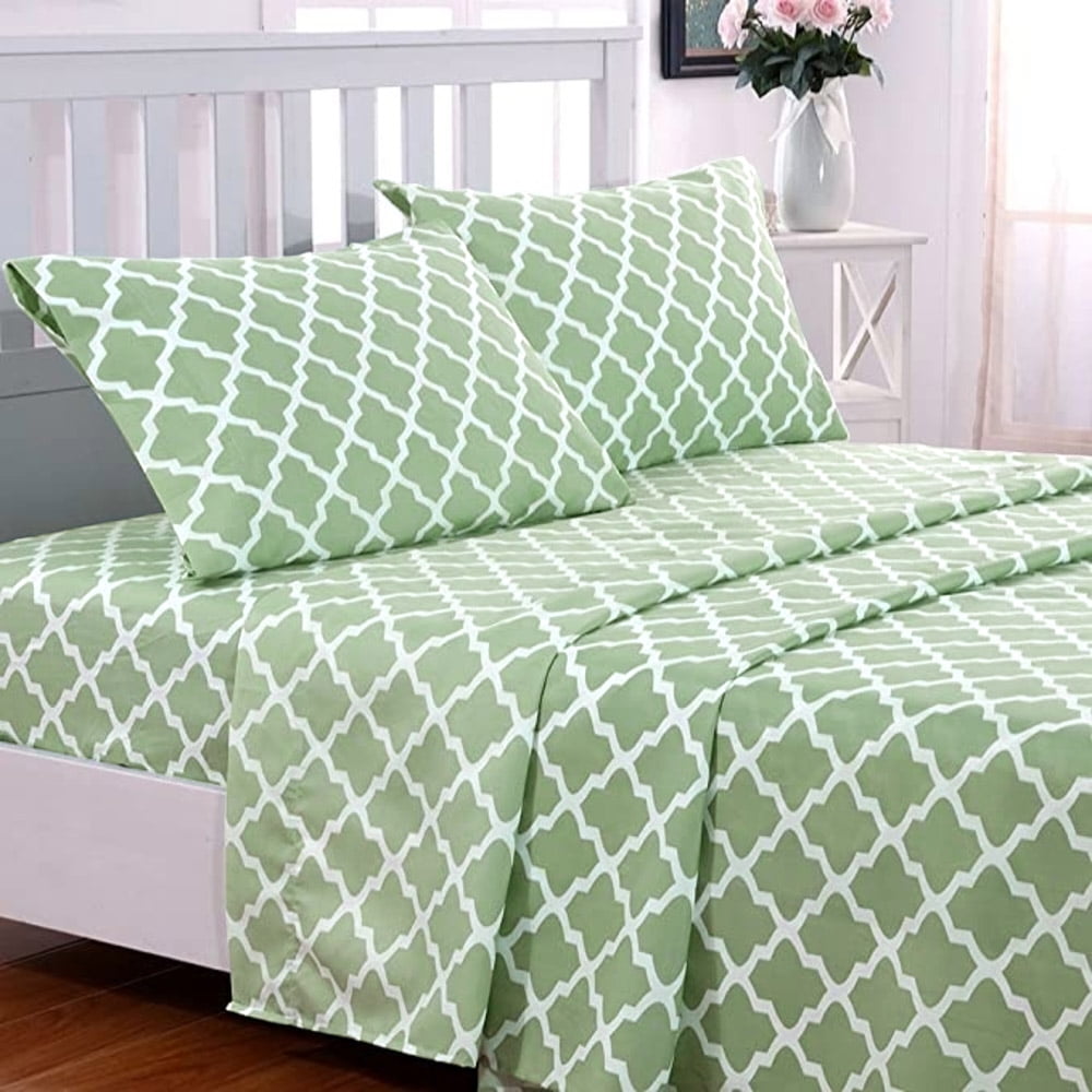 Wrinkle-Resistant Quatrefoil Bed Sheet Set (King, Sage/White) 4 Piece Deep Pocket 1800 Series Microfiber Bed Sheet Set Contains 1 Fitte... - Luxury Bed Sheet Set with Deep Pockets - Default Title