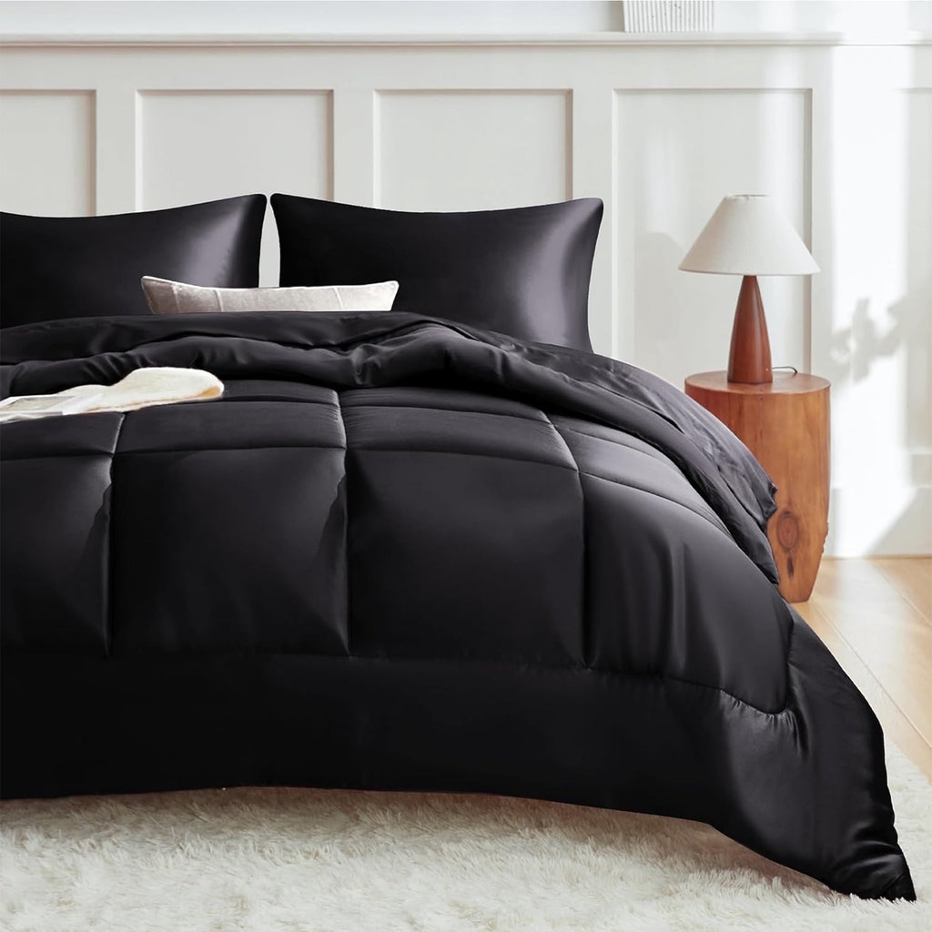 Fluffy Down Alternative Reversible Satin Microfiber Comforter 3 Pieces Queen Size, Black Queen Comforter Set for All Seasons, Silky Soft Sati... - All-Season Down Alternative Comforter Insert - Default Title