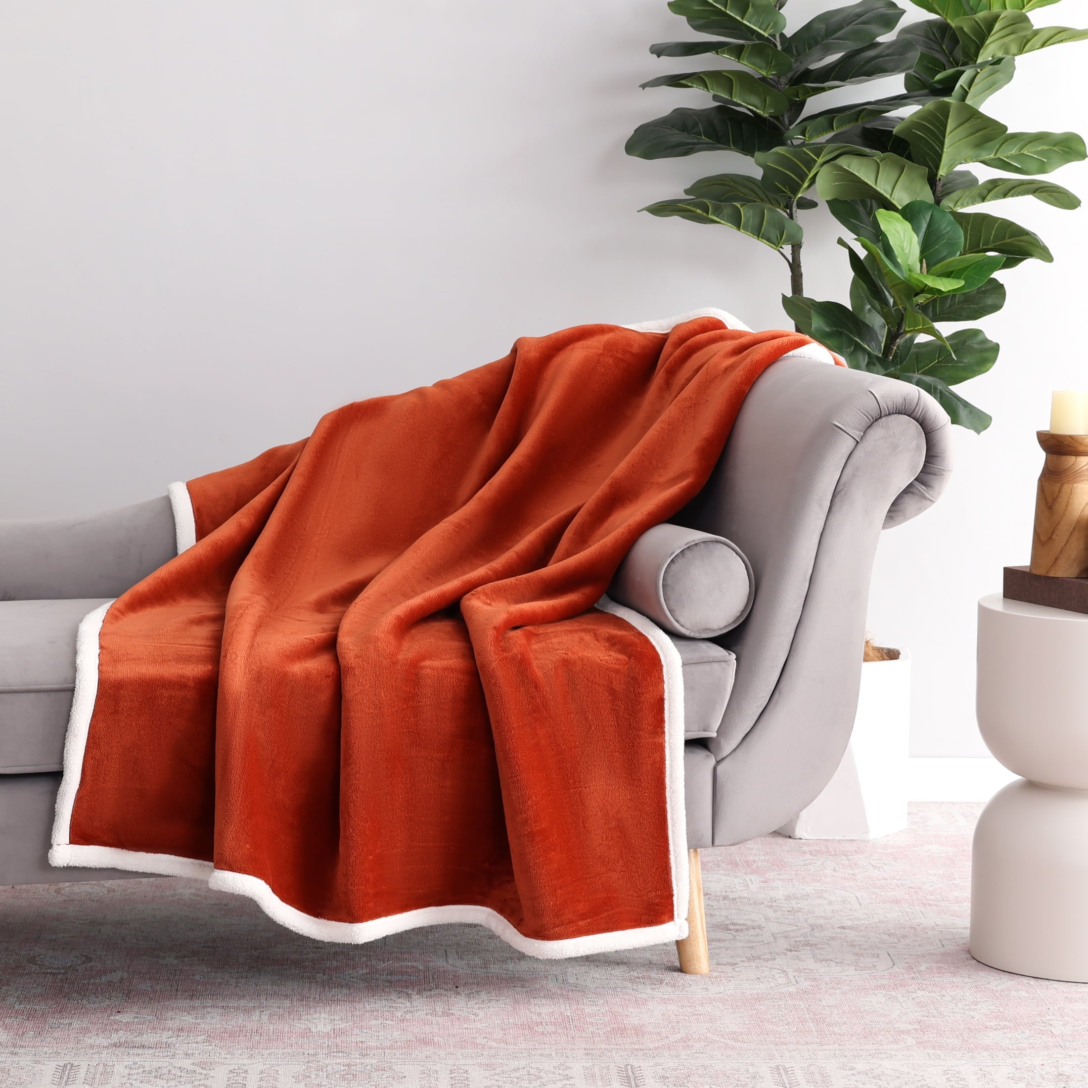 Lightweight Warm Reversible Printed Velvet Plush and Hampshire Faux Shearling Soft Throw Blanket, Standard Size, Auburn Sun - Cozy Fleece Throw Blanket for Couch & Bed - Default Title
