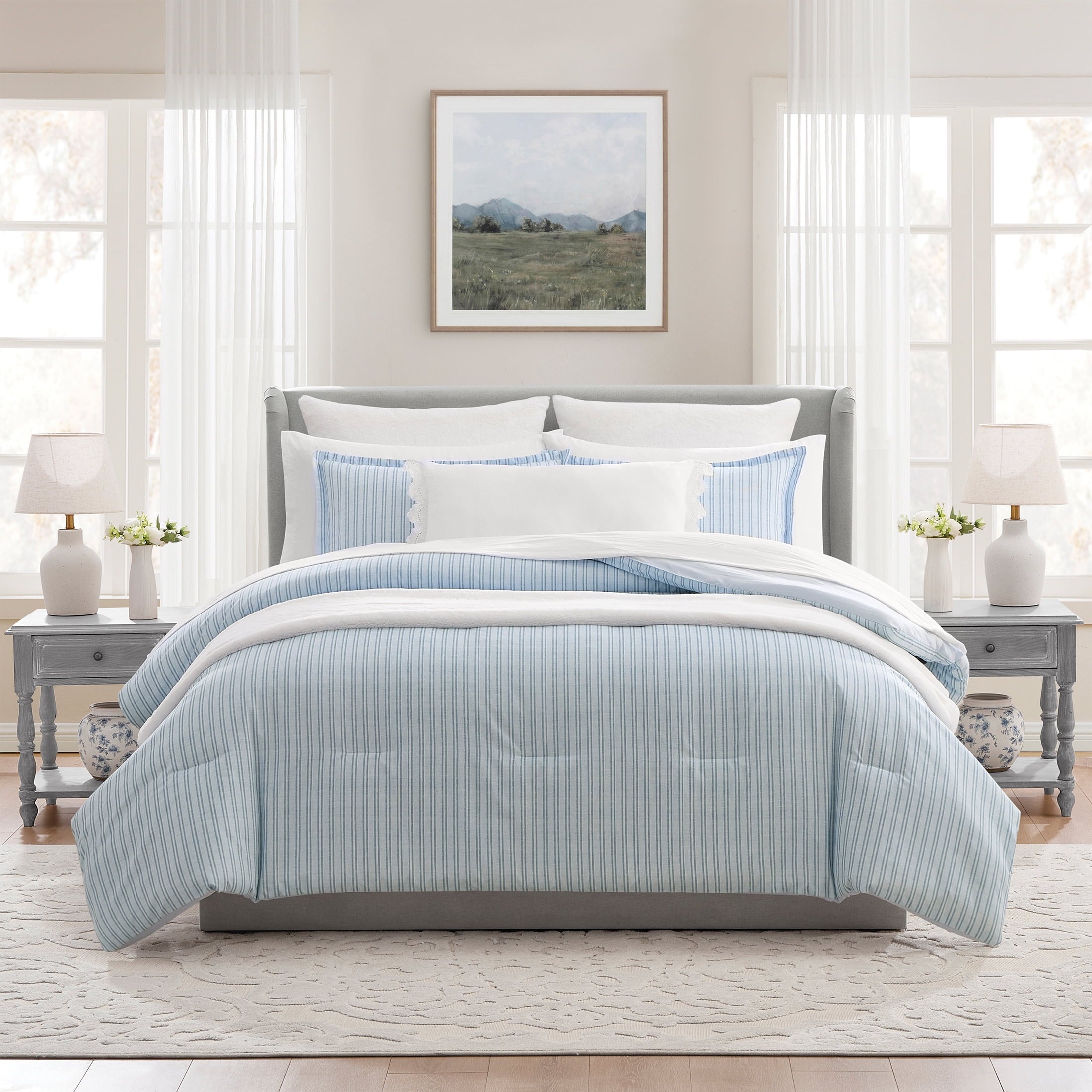 Fluffy Down Alternative Stripe 11-Piece Comforter Set with Sheets, Blue, Queen - Luxurious Quilted Duvet Cover Set - Default Title