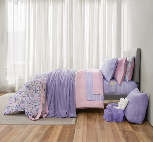 All-Season 14pc College Dorm Essentials Bundle, Twin-XL, Reversible Bed in a Bag Comforter Set, Purple Floral - All-Season Down Alternative Comforter Insert - Default Title